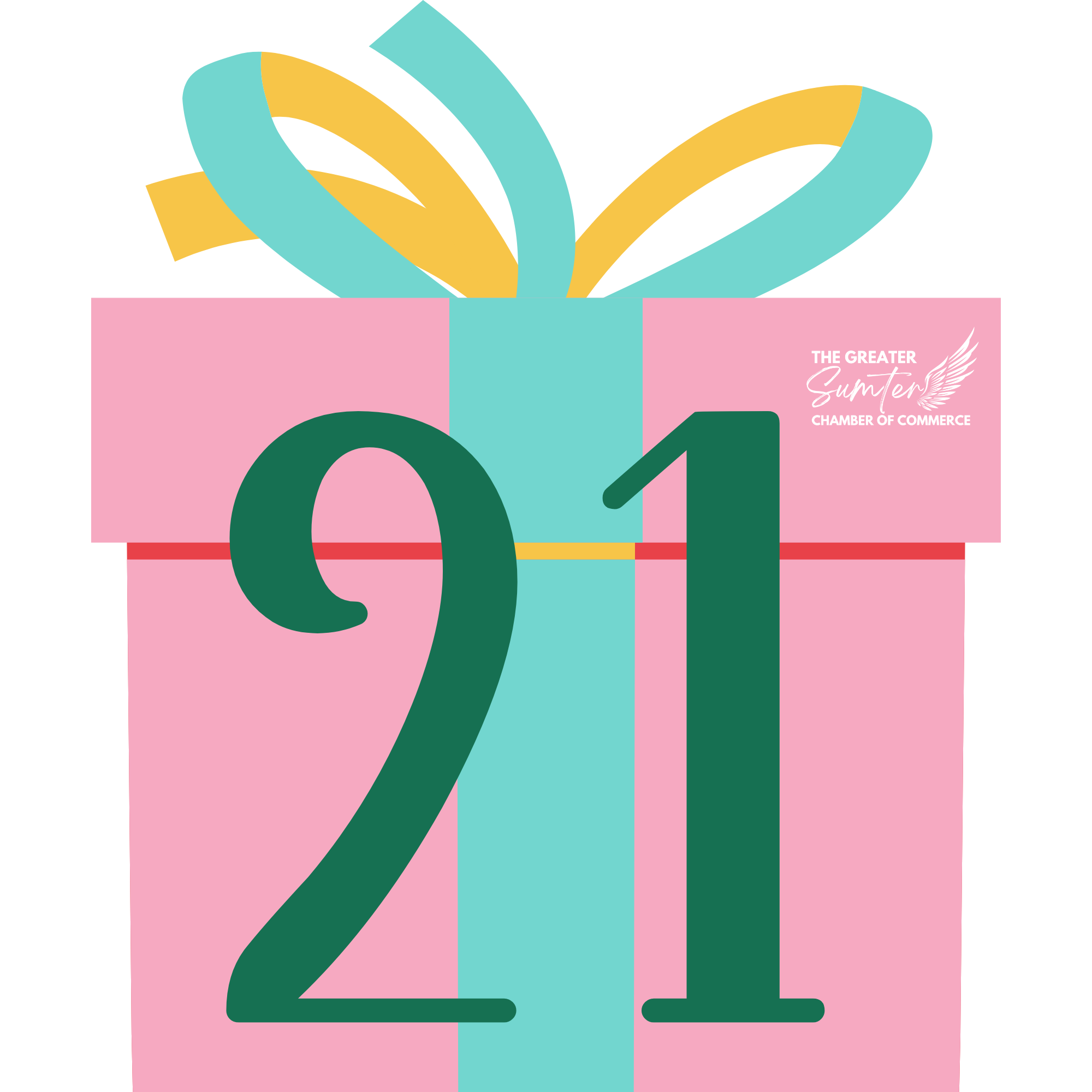 A pink graphic with the number 2024 and the text 'The Greater Sumter Chamber of Commerce' along with decorative ribbon-like shapes.