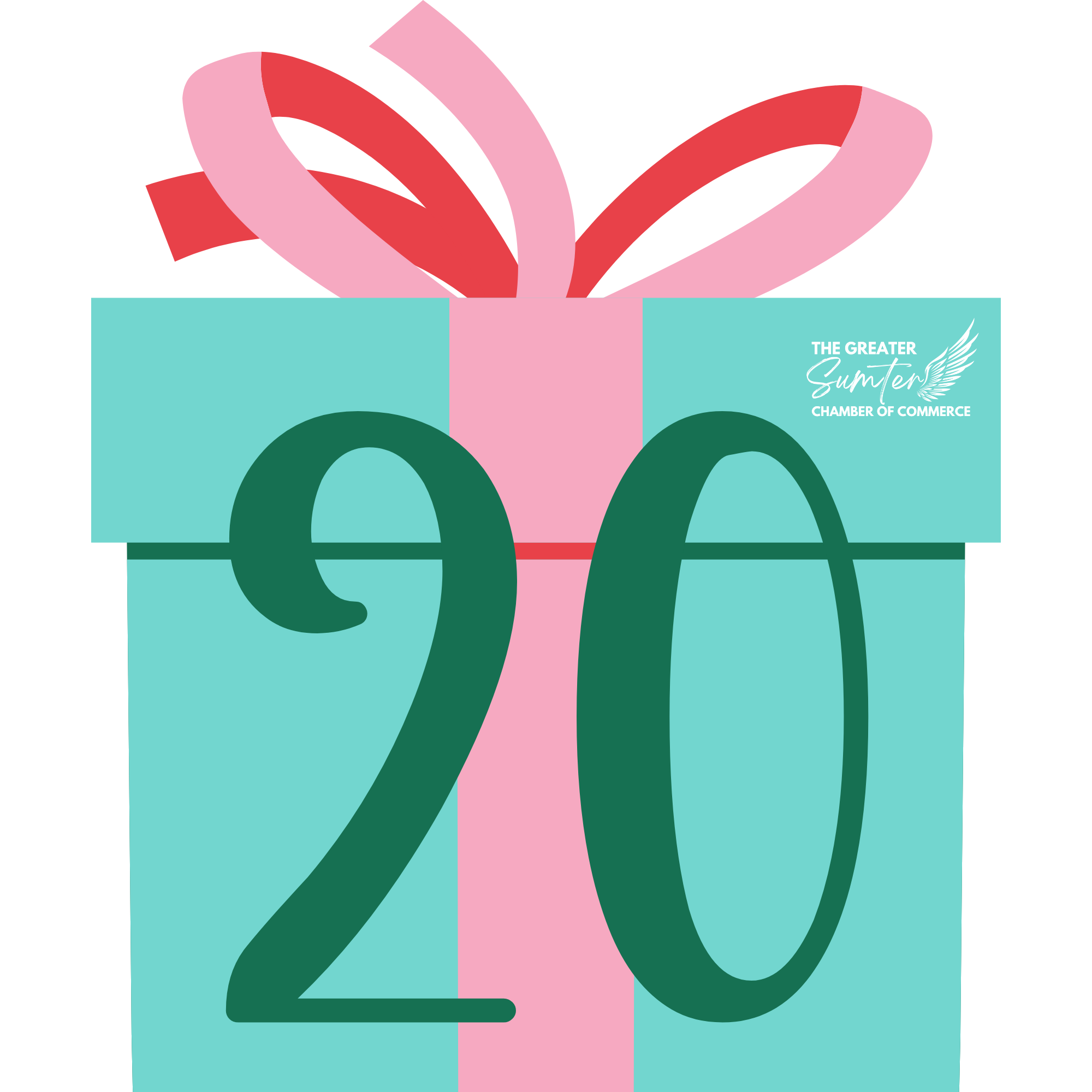 Illustration of a gift box with pink and red ribbons, labeled with the text "The Greater Sumter Chamber of Commerce".