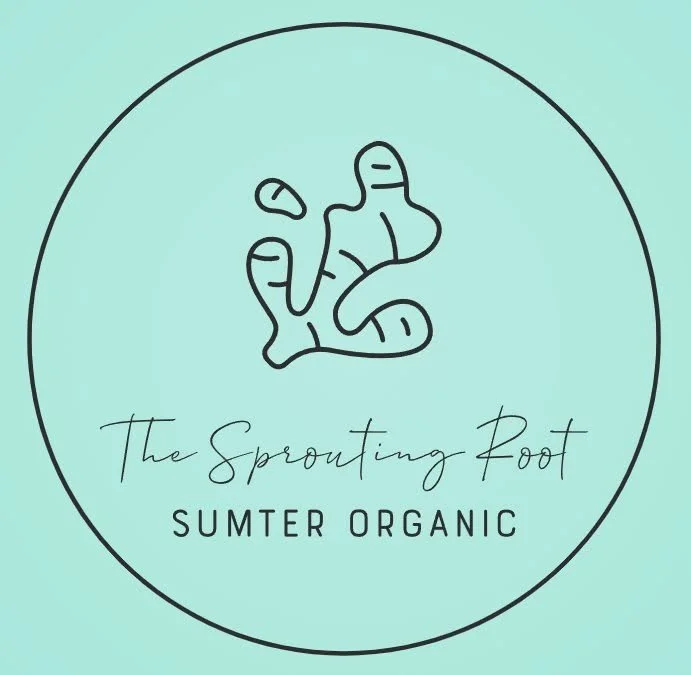 Logo for The Sprouting Root, Sumter Organic, featuring a stylized sprouting root illustration and text in handwritten and uppercase fonts against a mint green background.