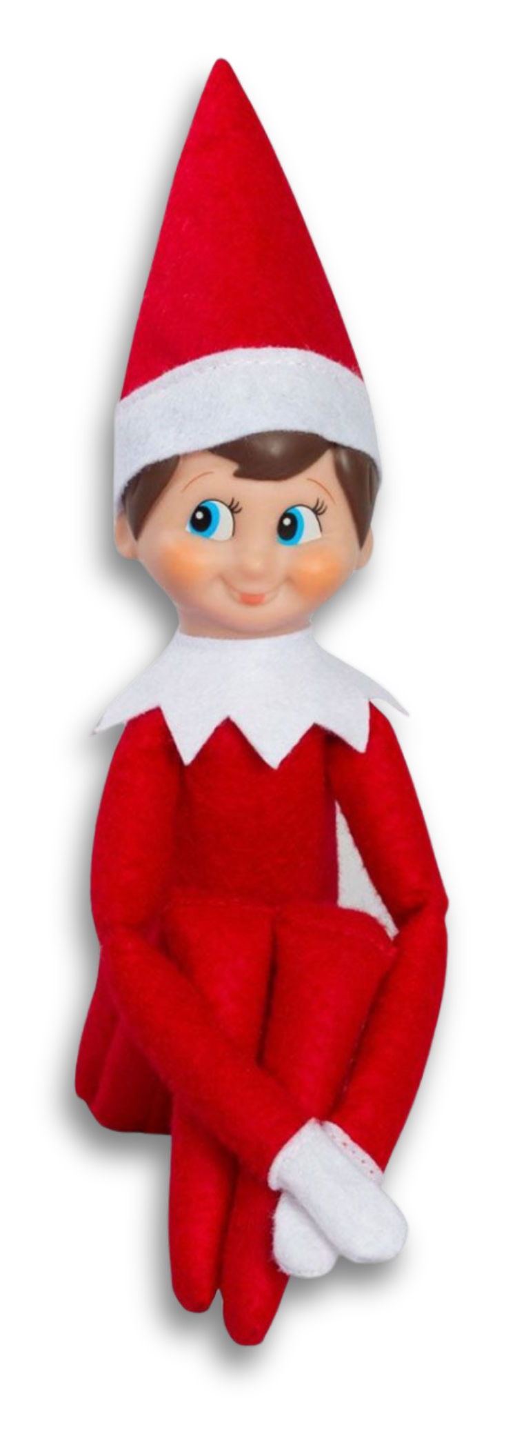 A plush elf toy dressed in a red outfit with a tall red hat, white collar, and white mittens, sitting with crossed legs against a black background.