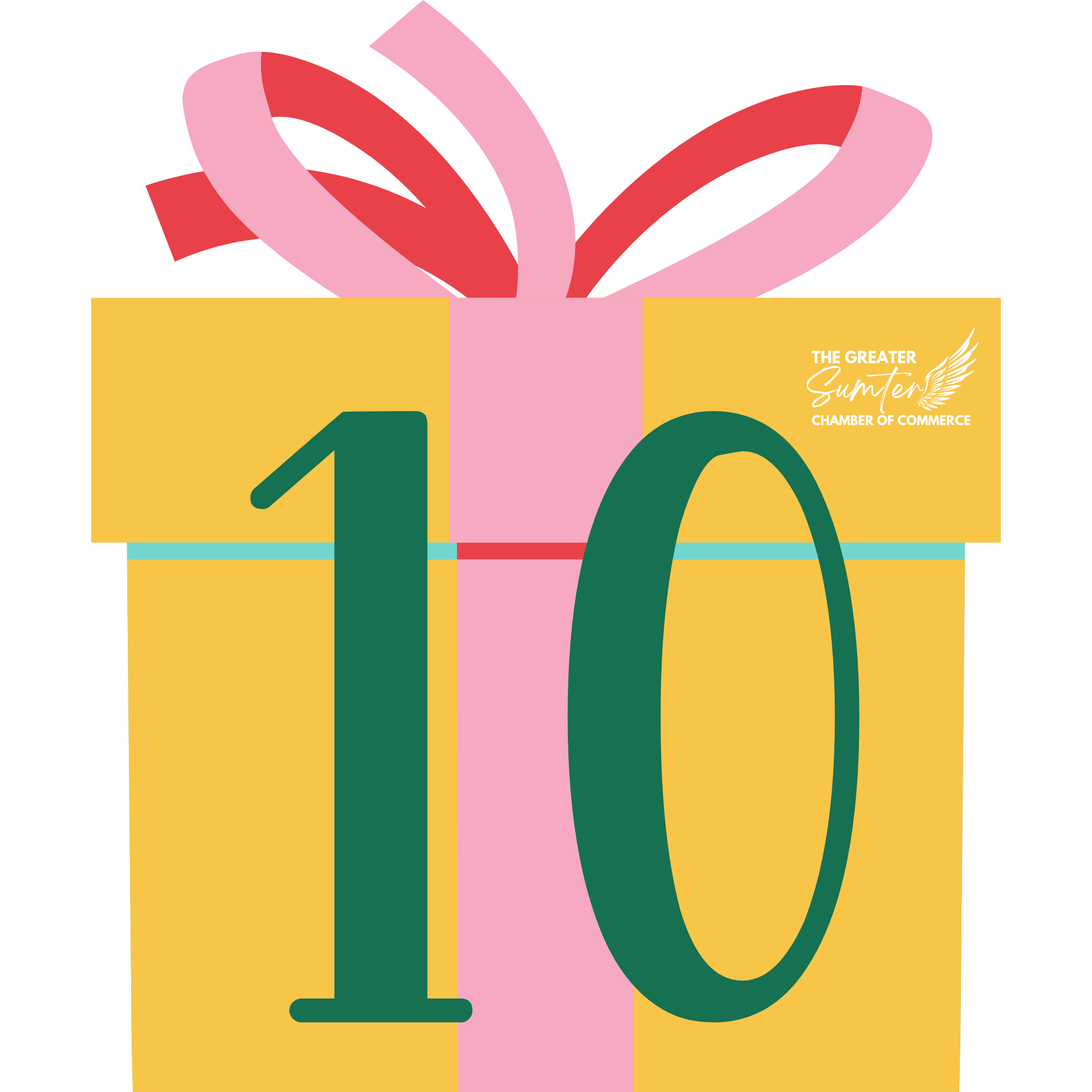 Illustration of a gift box with a pink ribbon and bow, celebrating the Greater Sumter Chamber of Commerce, with a yellow background and the number 10 on the left side.