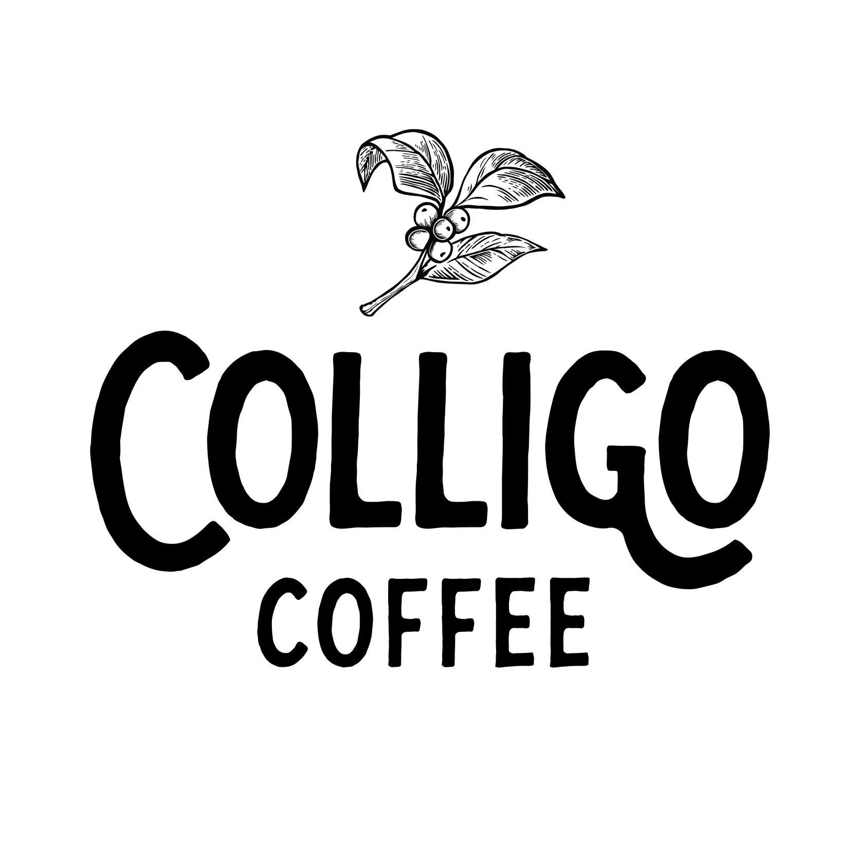 A black-and-white logo featuring a branch with leaves and berries above the words "COLLIGO COFFEE" in bold, uppercase letters.
