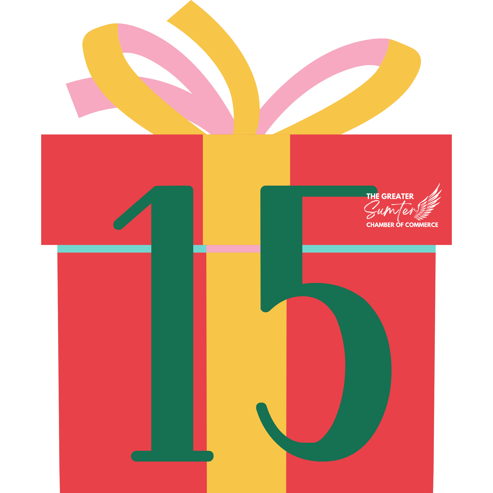 Colorful illustration of a wrapped gift box with yellow and pink ribbon curls, featuring a logo for the Greater Sumter Chamber of Commerce.