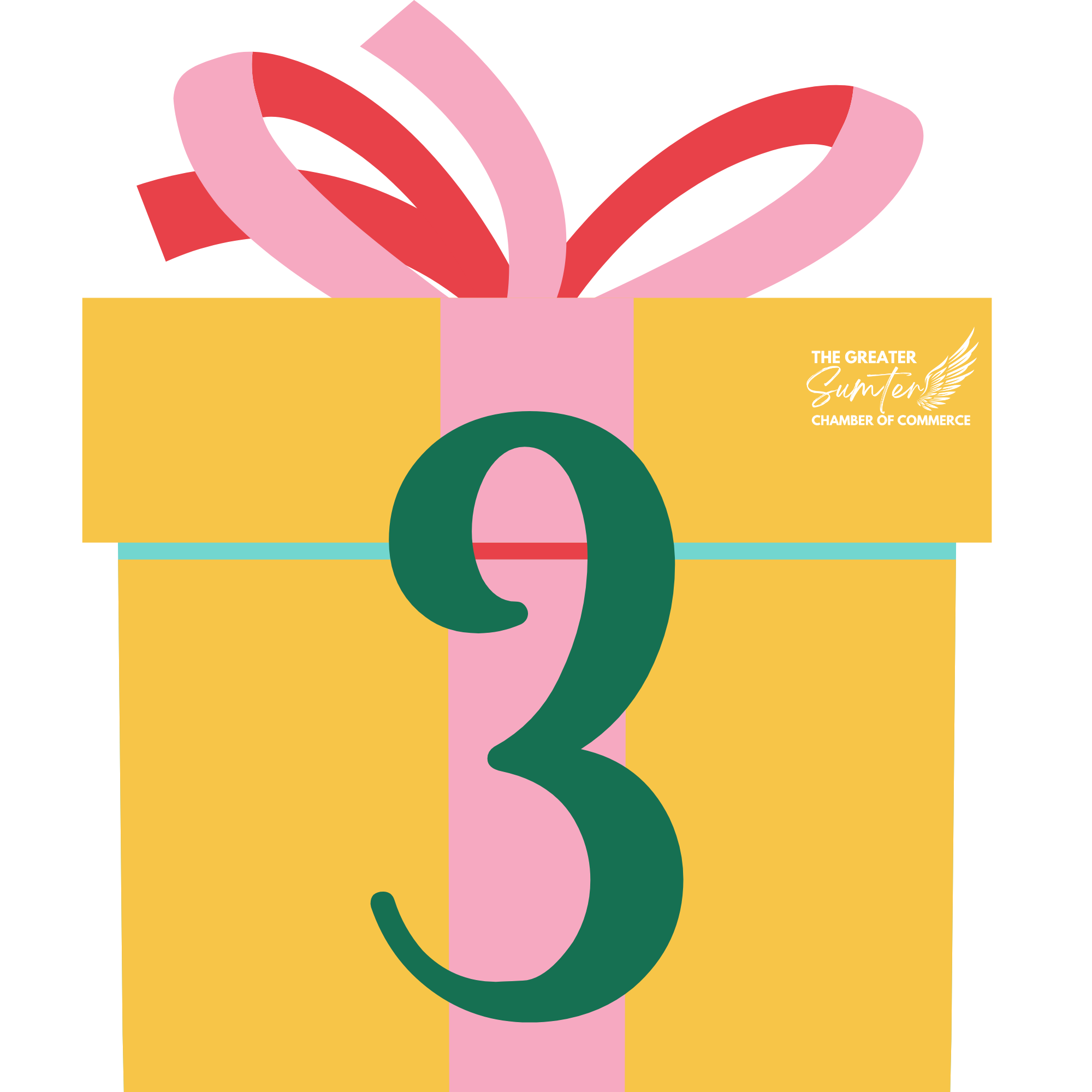 Illustration of a yellow gift box with a pink ribbon, featuring a large pink and red heart-shaped bow on top, and the text 'The Greater Sumter Chamber of Commerce' on the side.