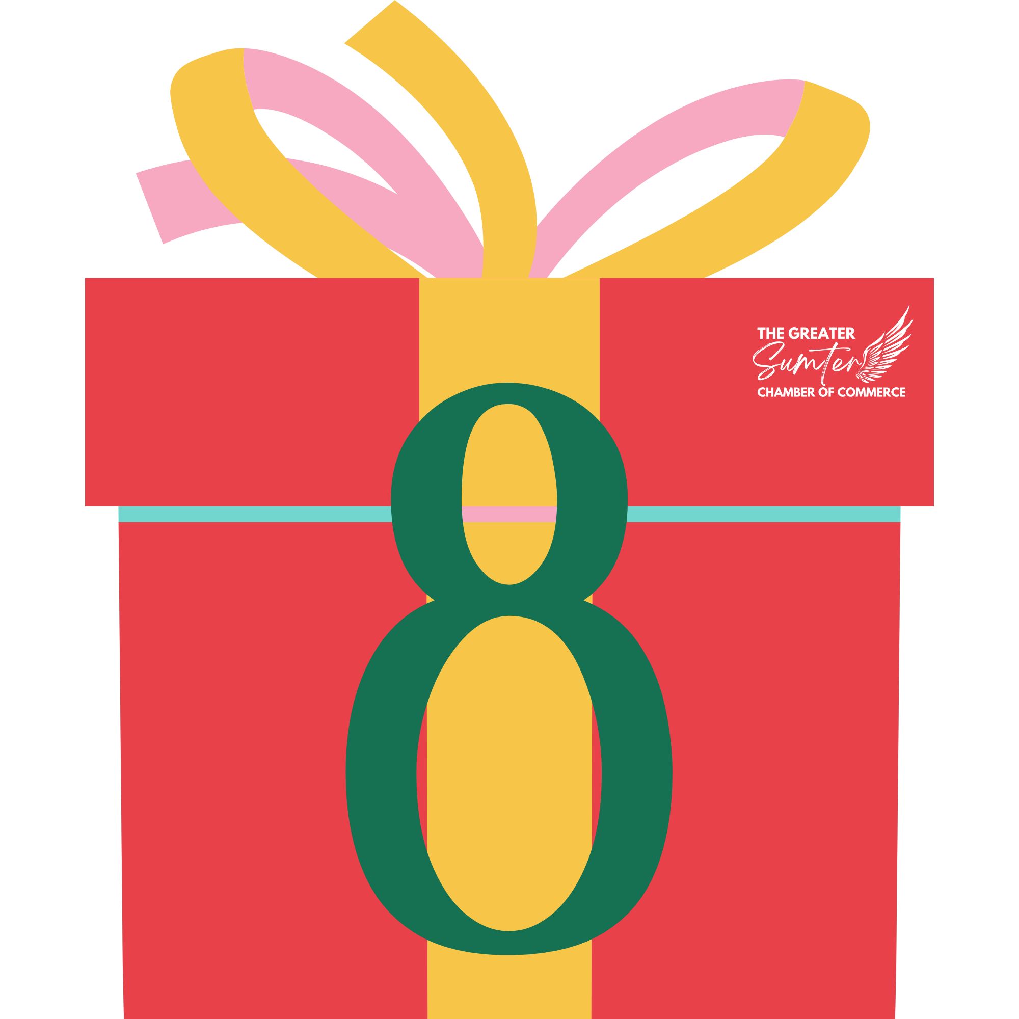 A colorful graphic design featuring a heart-shaped ribbon in pink and yellow, atop a red box with a gold ribbon and a green and yellow circular emblem. Text on the right side reads 'The Greater Sumter Chamber of Commerce' with a winged logo.