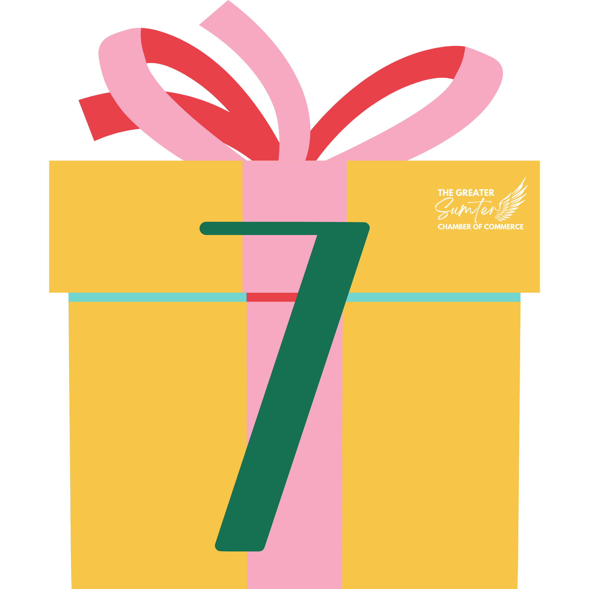 An illustration of a wrapped gift box with a pink ribbon and bow, featuring the logo of the Greater Sumter Chamber of Commerce with a winged emblem.