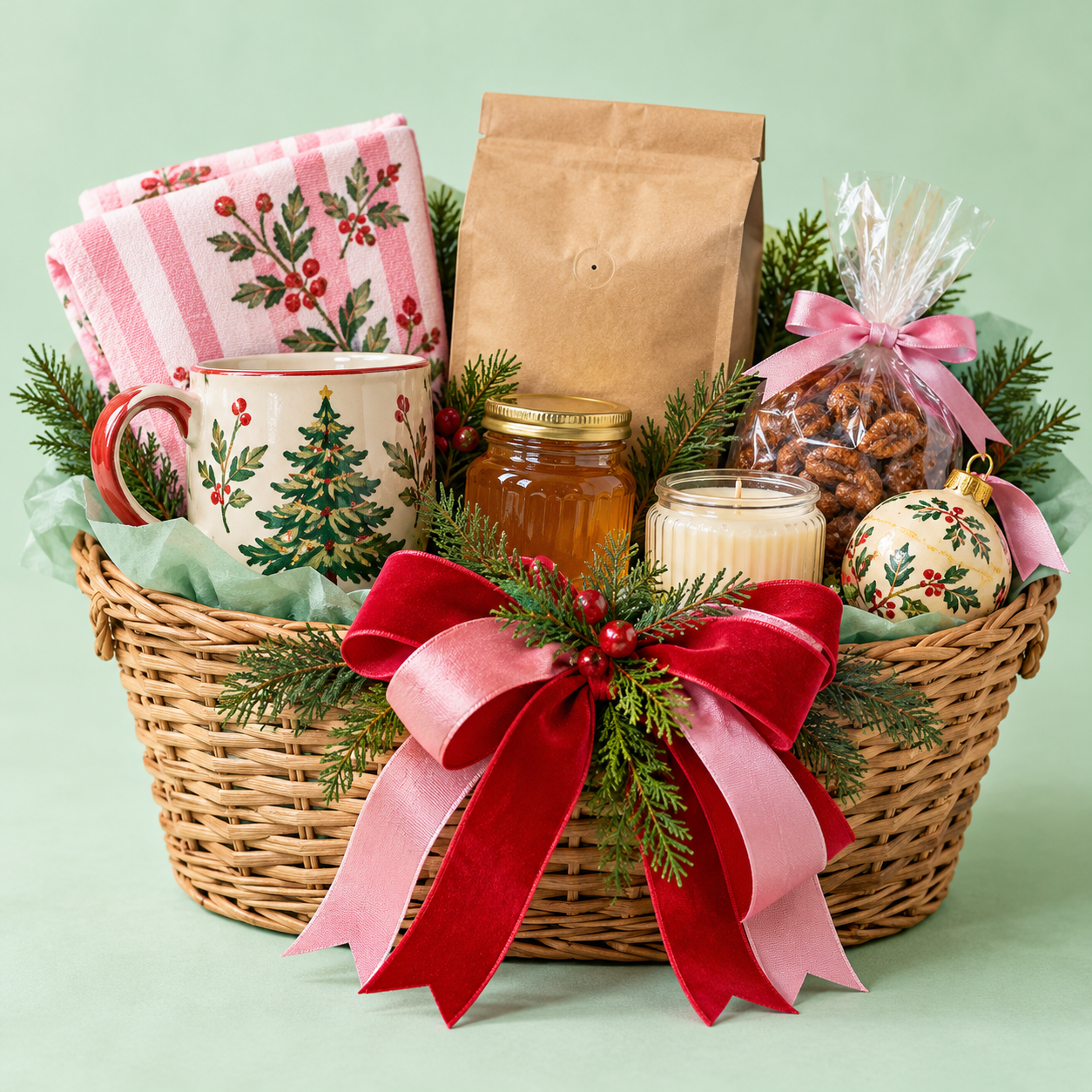 A Christmas gift basket with holiday items including a mug with a Christmas tree, a jar of honey, candles, a bag of nuts, a decorative ornament, and a folded towel, all decorated with greenery and a red and pink bow.