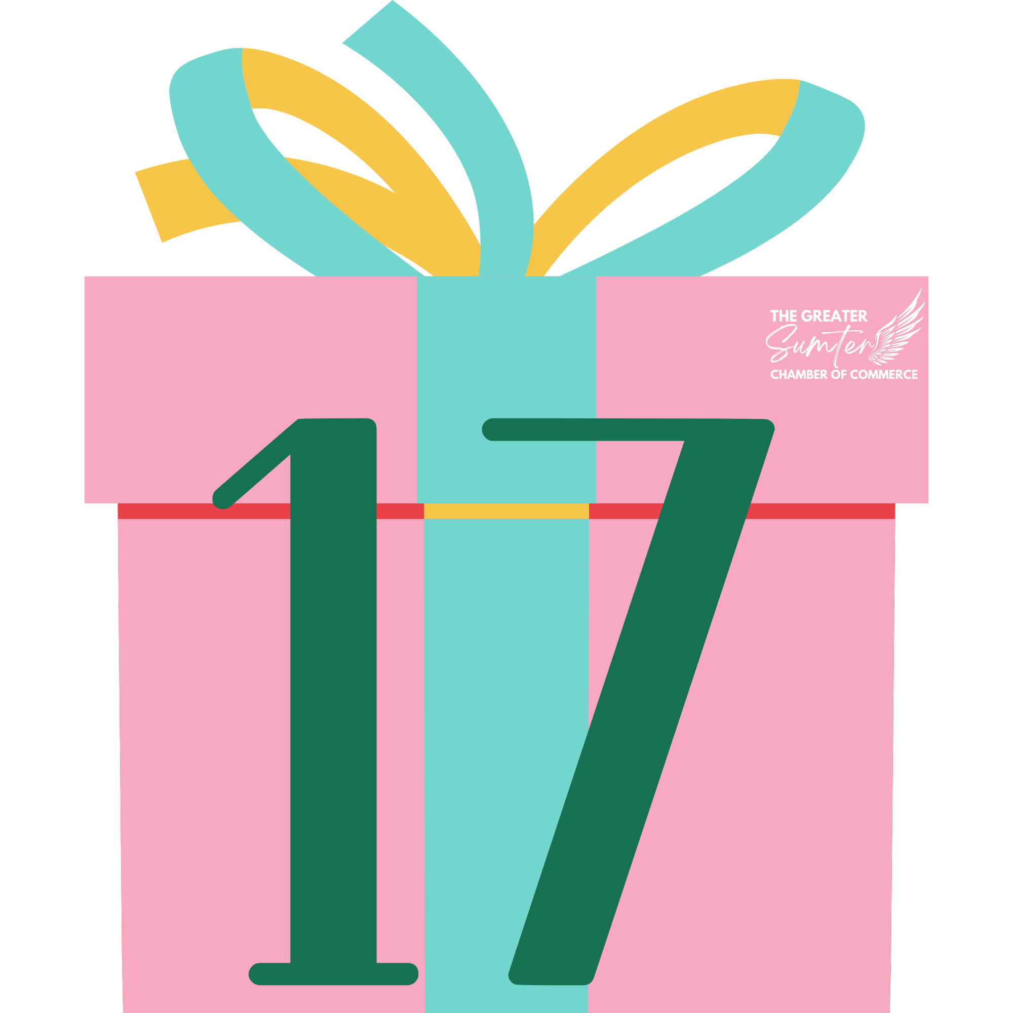 Illustration of a pink gift box with a teal ribbon and bow, featuring the text 'The Greater Sumter Chamber of Commerce' and a wing icon.