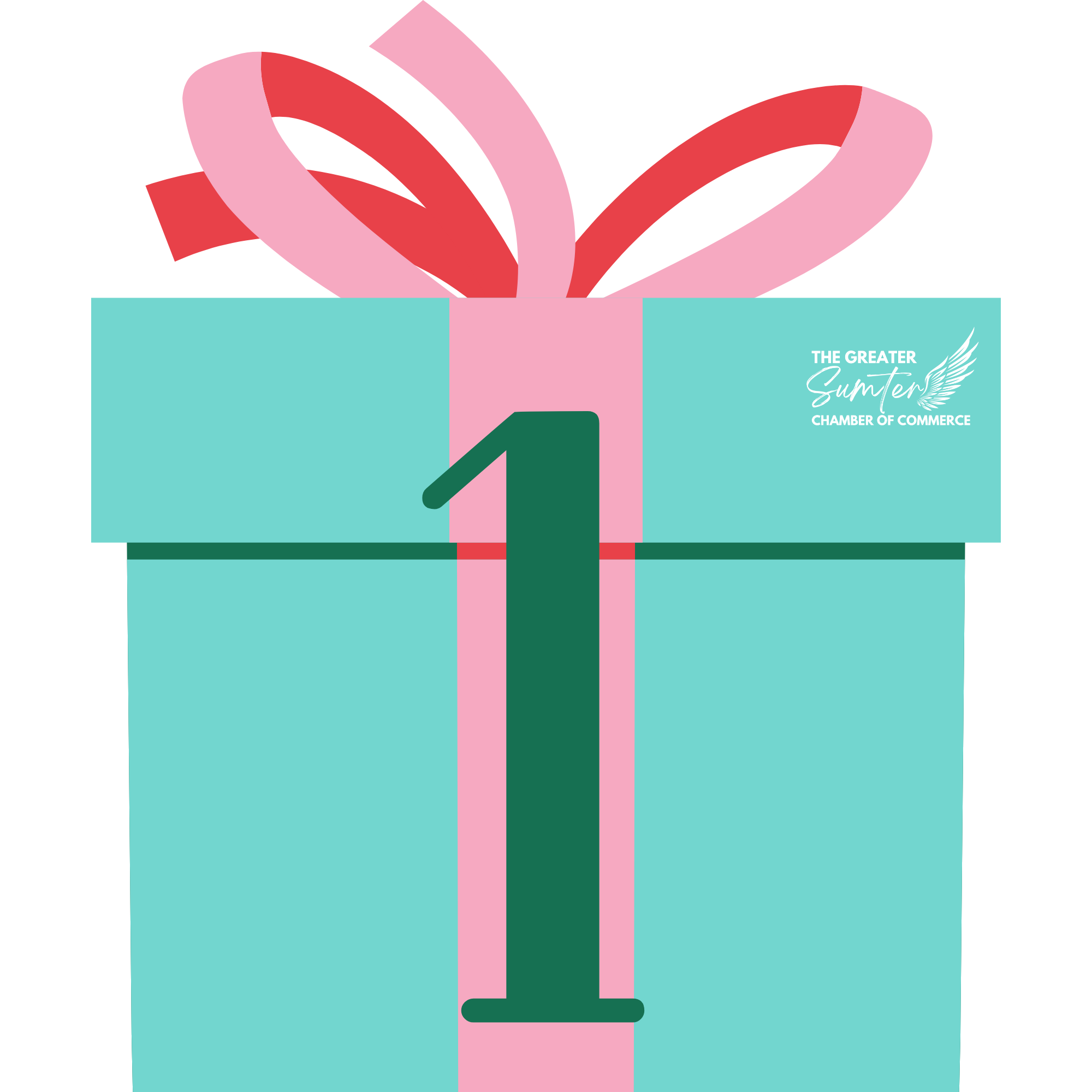An illustration of a light blue gift box with a pink ribbon and bow. The box features the logo of the Greater Sumter Chamber of Commerce with a winged emblem.