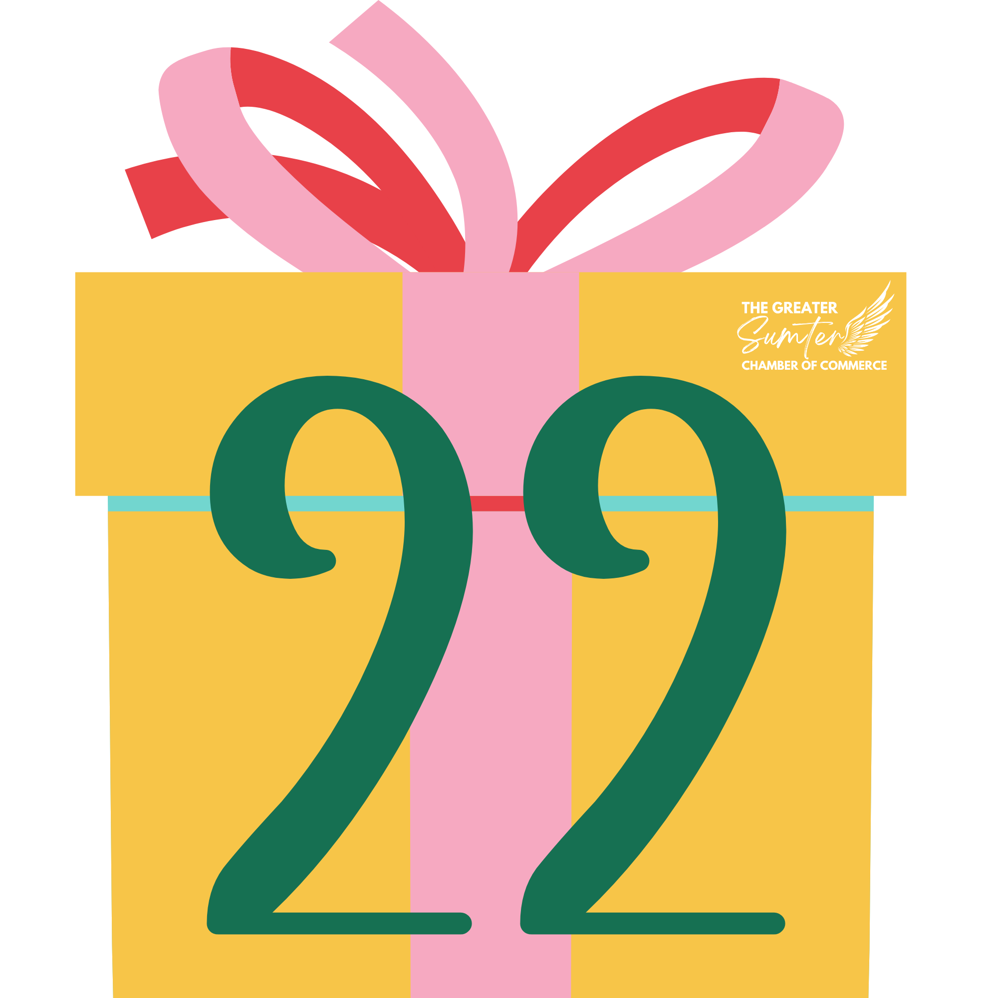 Colorful logo with overlapping ribbon-like shapes forming a butterfly or bow, with a yellow rectangle at the bottom right featuring white text that reads 'The Greater Sumter Chamber of Commerce'.