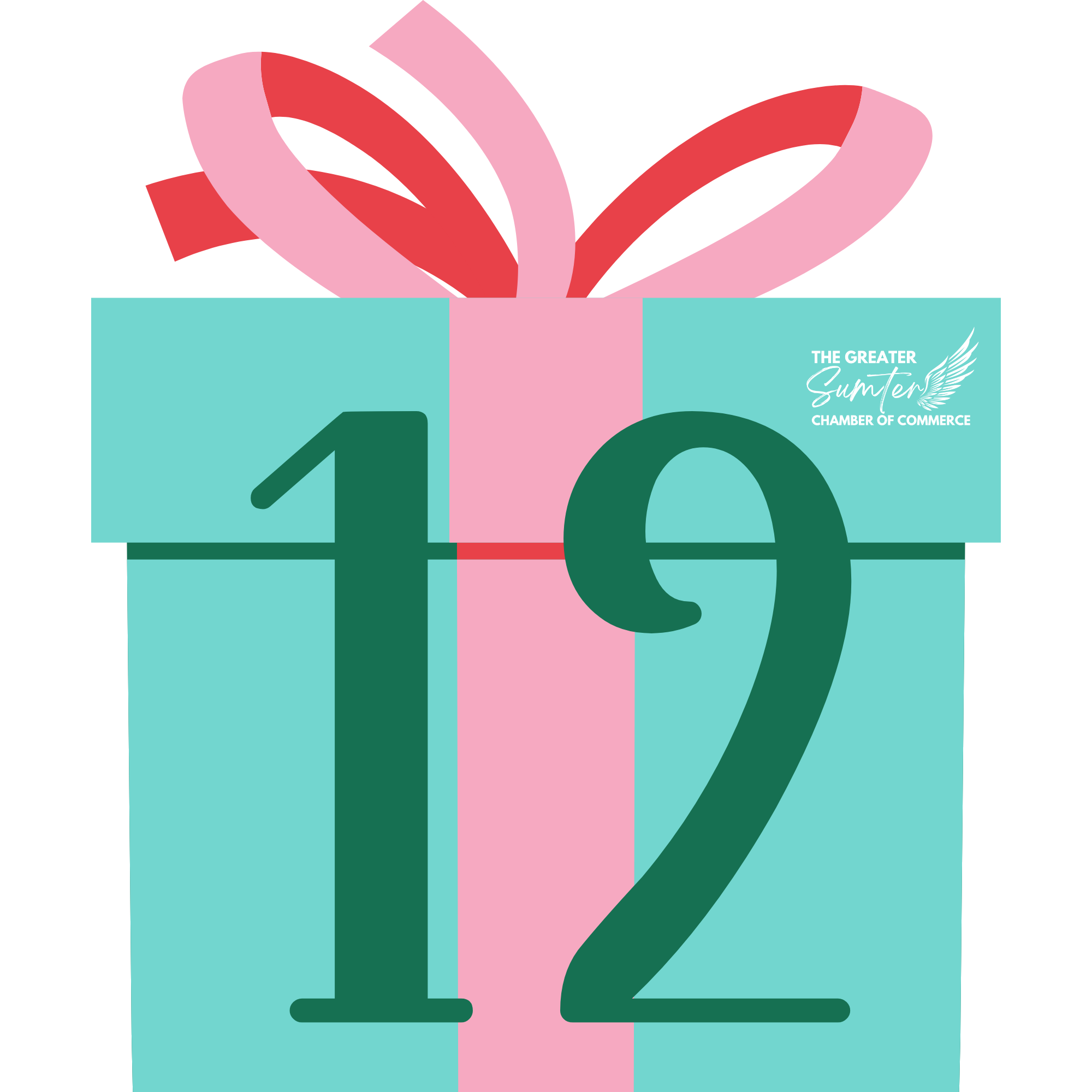 Digital illustration of a stylized gift box with a pink ribbon and bow, with the number 10 and a wing logo, and the text 'The Greater Sumter Chamber of Commerce'.