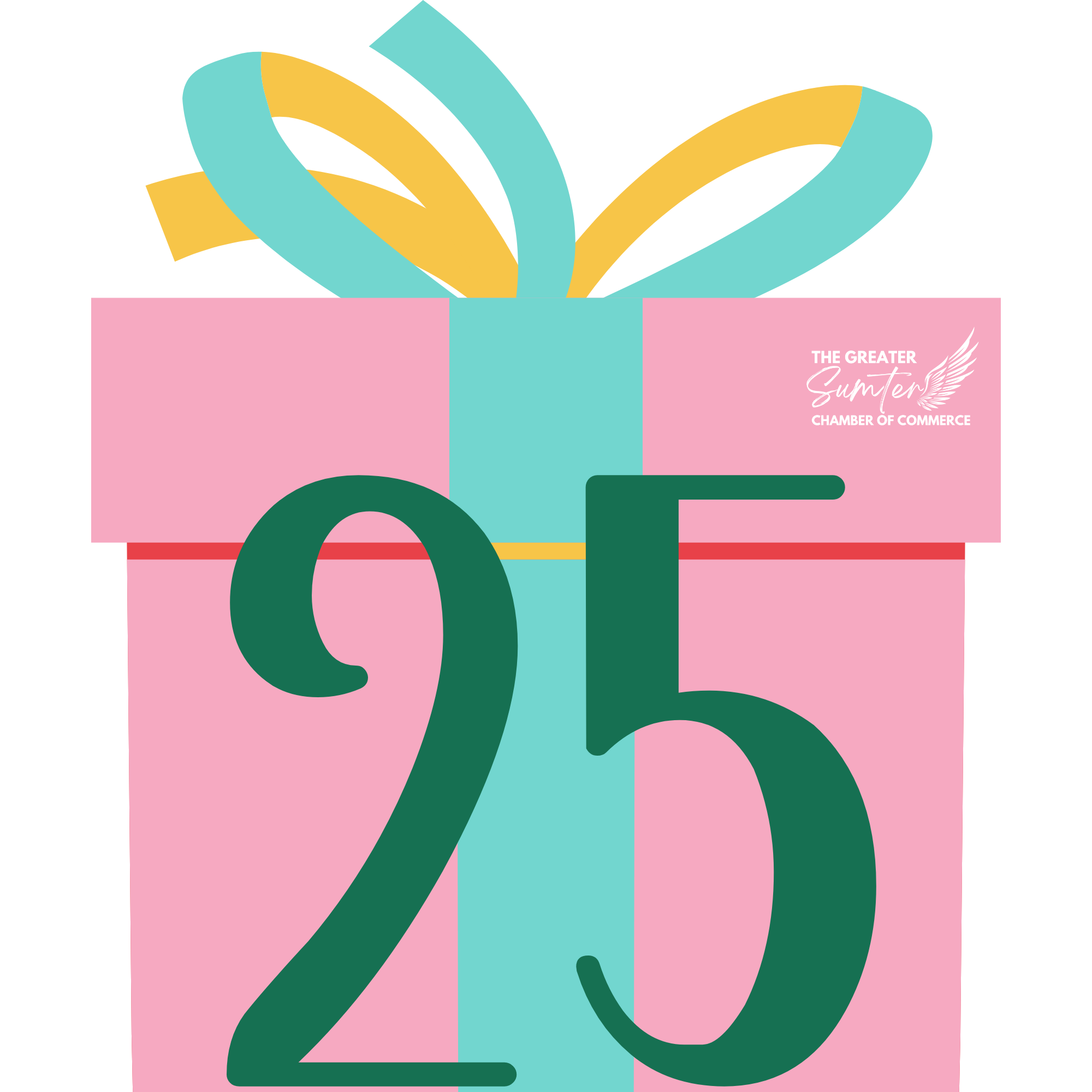 Colorful illustration with large pink background, green numerals 2 and 0 overlaid, and various abstract shapes and ribbons, promoting the Greater Sumter Chamber of Commerce.