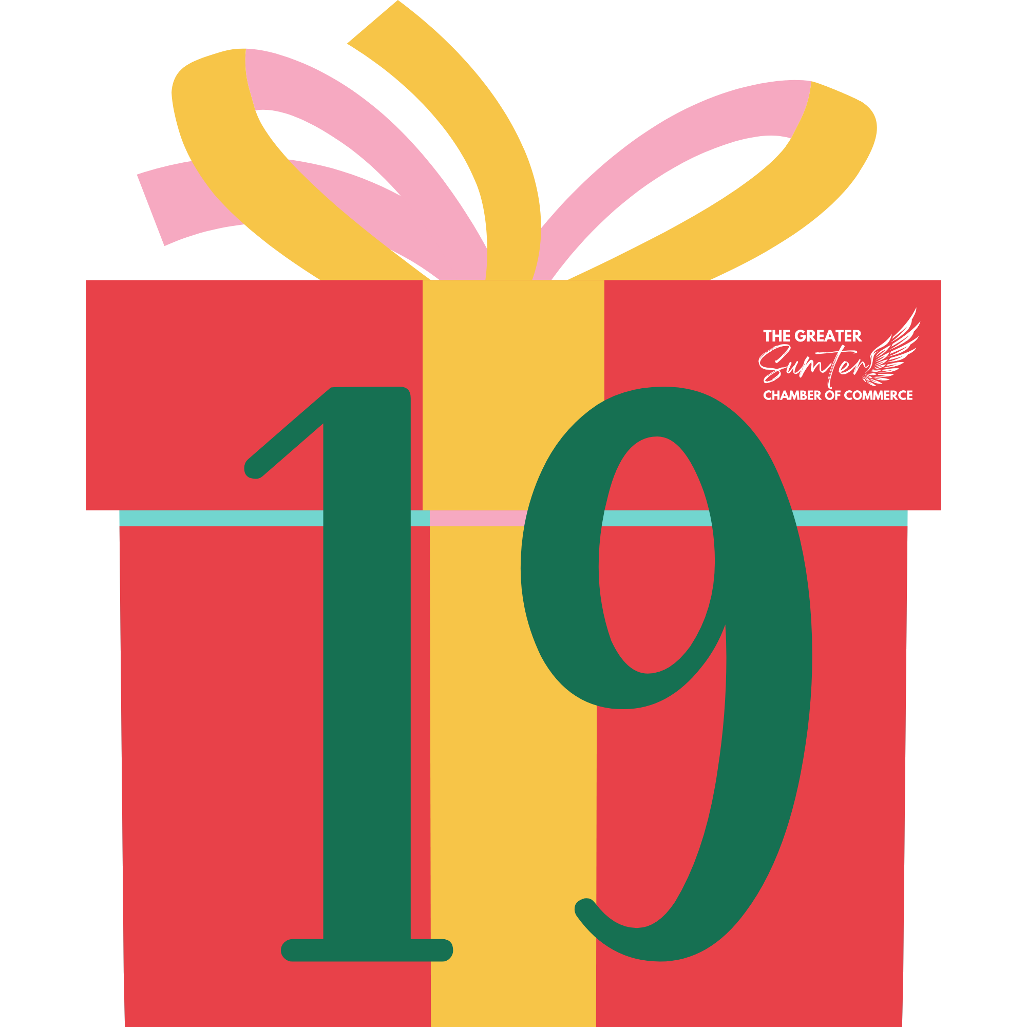 A graphic illustration features a red gift box with a yellow ribbon, topped with pink and yellow looping ribbons. There is text that reads "The Greater Sumter Chamber of Commerce" and the number "100" in large green font.