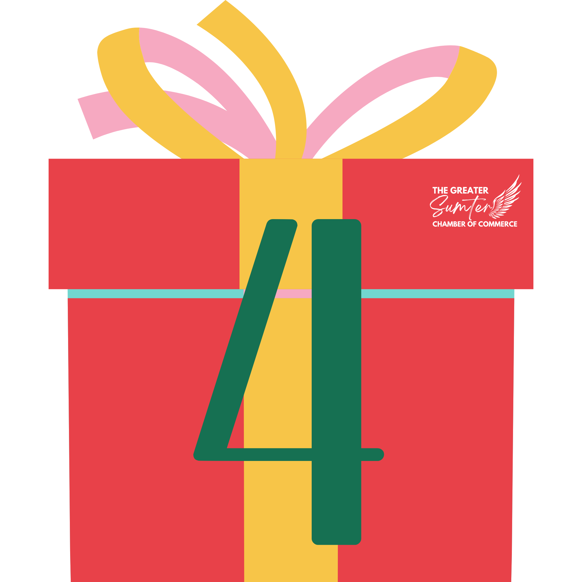 A graphic of a red gift box with a yellow ribbon and pink and yellow streamers coming out of it. The gift box has a logo with the text 'The Greater Sumter Chamber of Commerce' and a wing design.