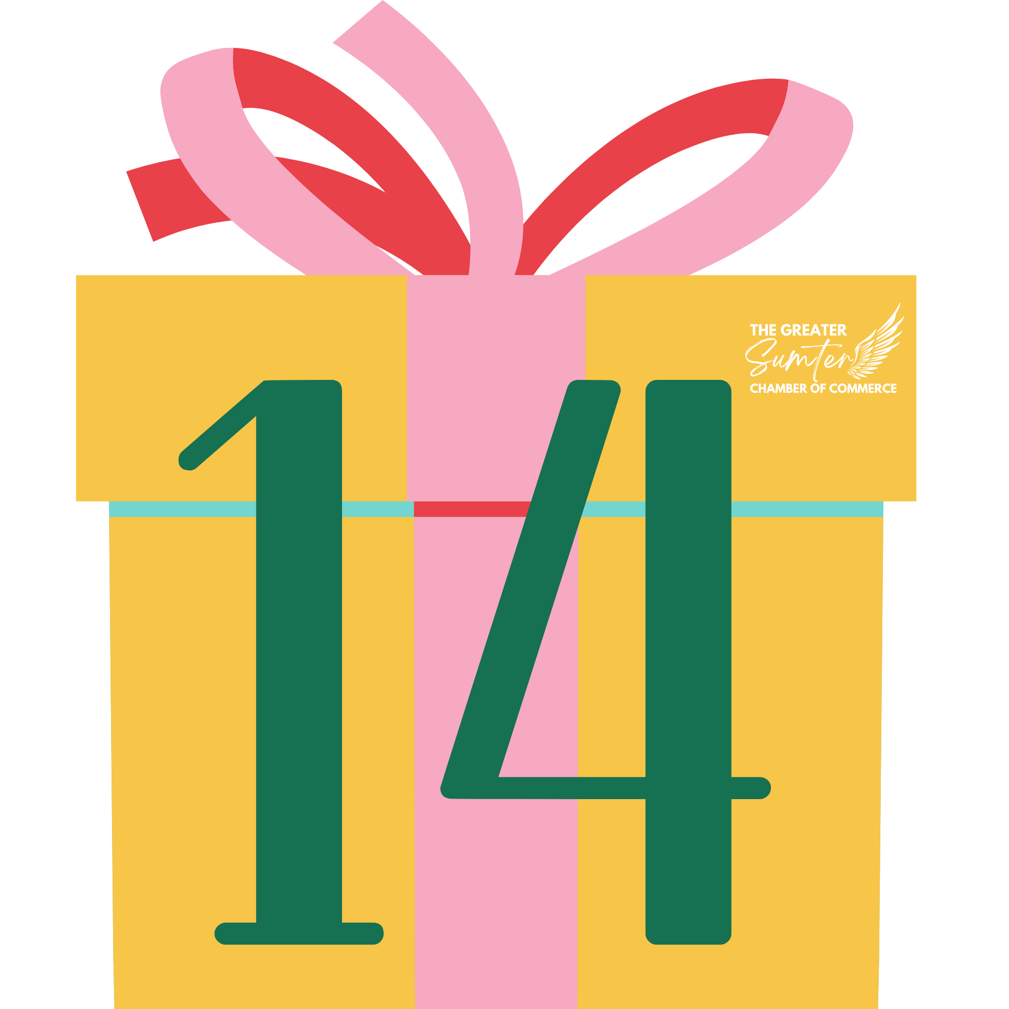 Yellow gift box with pink ribbon and bow, with a white logo that reads 'The Greater Sumter Chamber of Commerce' and includes a stylized feather design.