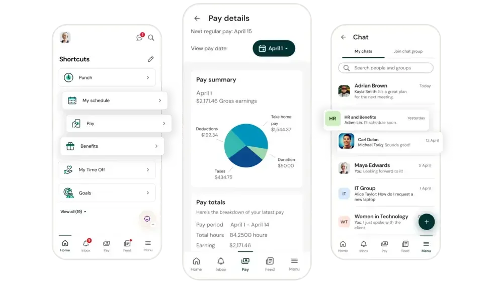 Screenshots of a mobile app interface showing sections for shortcuts, pay details, and chat conversations.