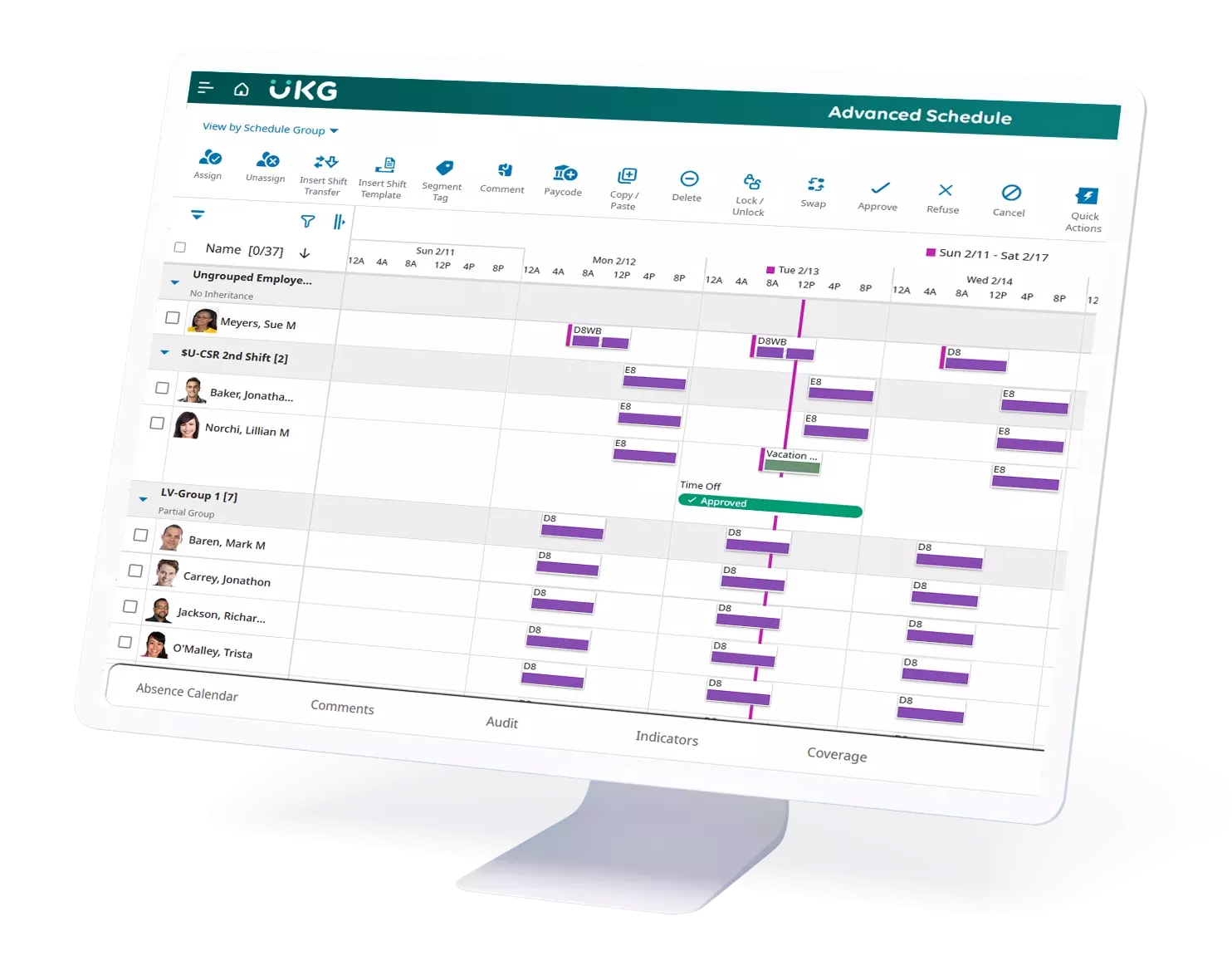 Computer monitor displaying an employee work schedule in a calendar view, with shifts, vacations, and time off marked, along with employee names and photos.
