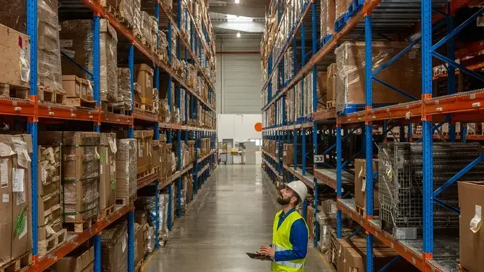 Warehouse aisle with tall shelves stocked with boxes and pallets. A worker in a yellow safety vest and white helmet is looking up at the shelves.