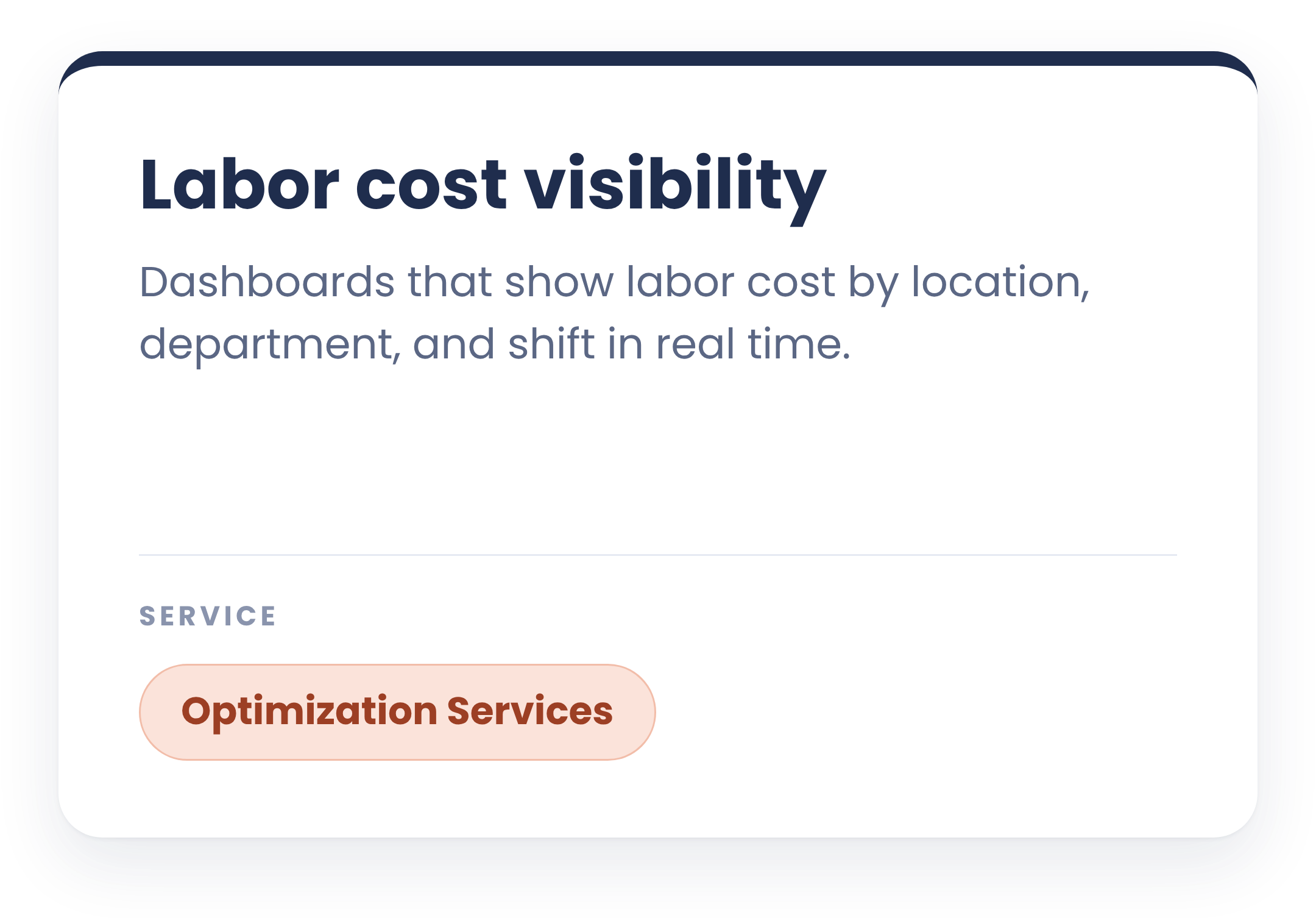 Screen capture of a website section titled 'Labor cost visibility' with subtext about dashboards showing labor cost by location, department, and shift in real time. Partially visible orange button labeled 'Optimization Services'.