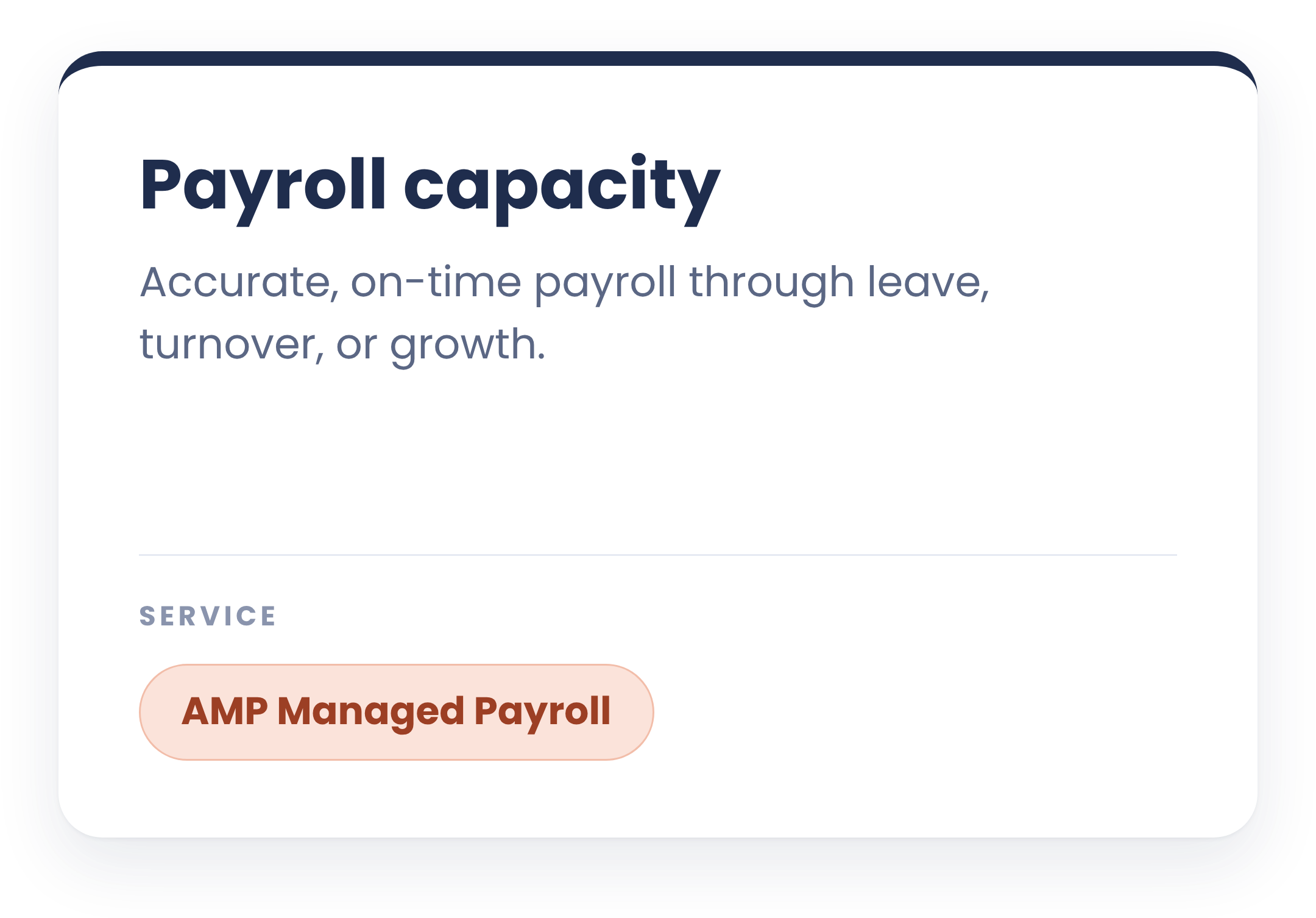 Screenshot of a webpage or app featuring a section titled 'Payroll capacity' with a description about accurate, on-time payroll through leave, turnover, or growth, and a button labeled 'AMP Managed Payroll'.
