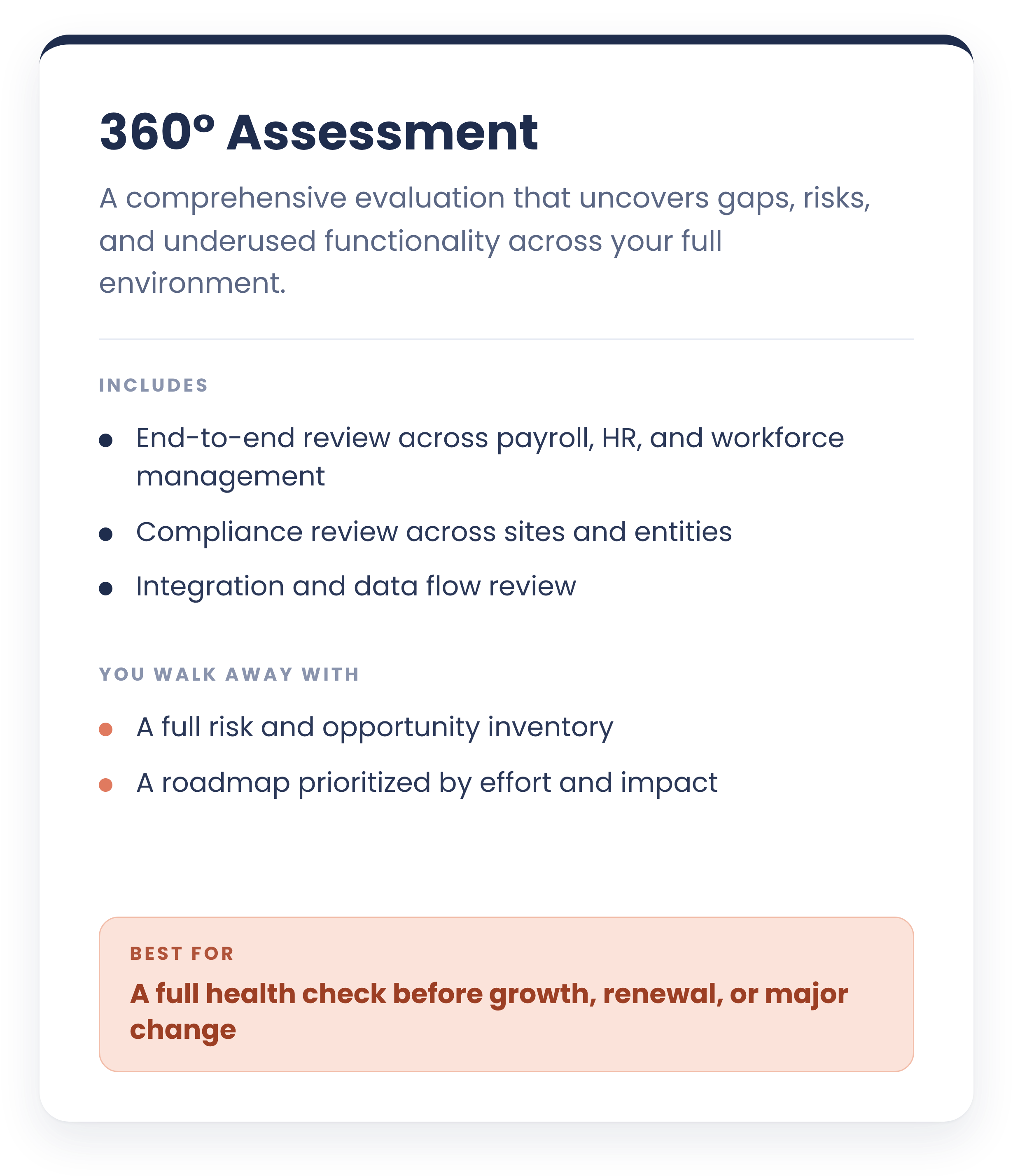A digital infographic about assessments and evaluations with text discussing 360 degree assessment, key features, and benefits for health check, growth, and major change.