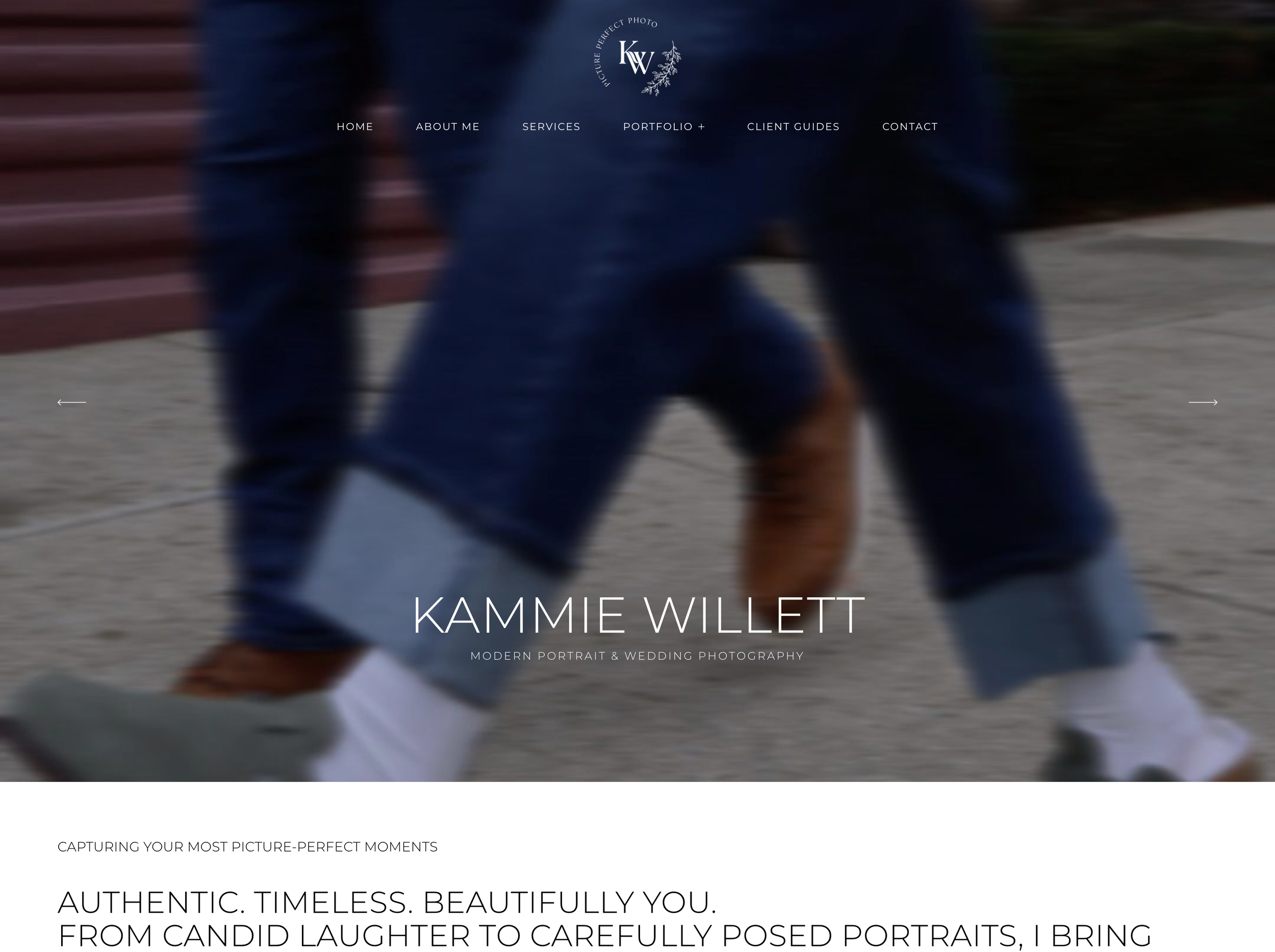 Blurred background of people walking outdoors, overlaid with website menu items and text promoting professional portrait and wedding photography by Kammie Willett.