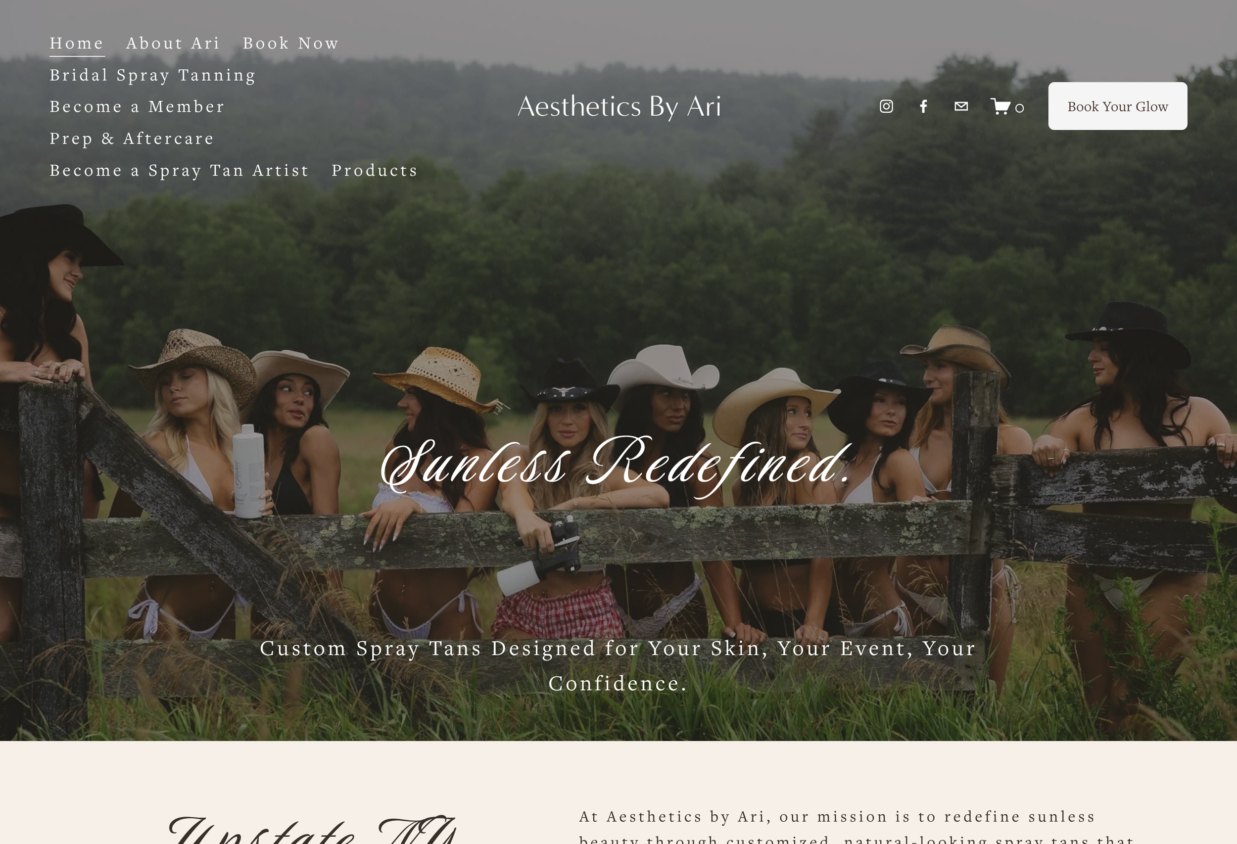 A group of women wearing cowboy hats and swimsuits standing behind a rustic wooden fence in an outdoor rural setting with green trees and grass.