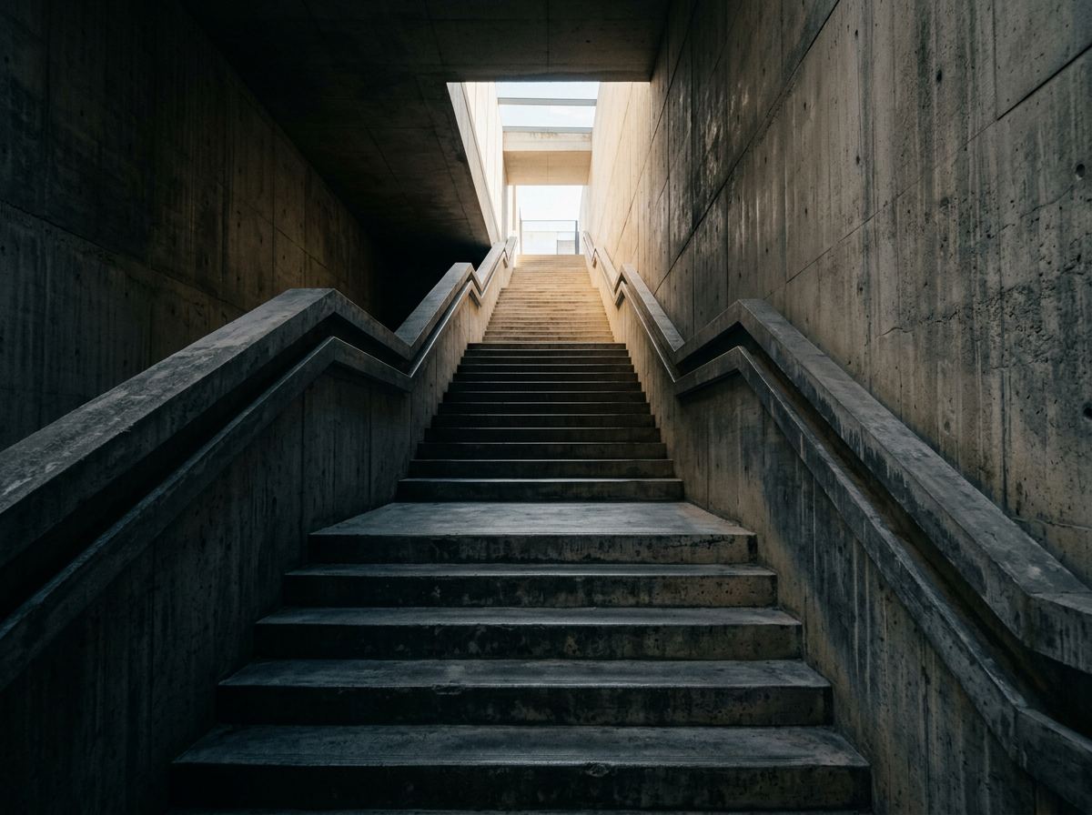 Concrete staircase leading upward, flanked by concrete walls and metal handrails, with a lit opening at the top showing daylight.