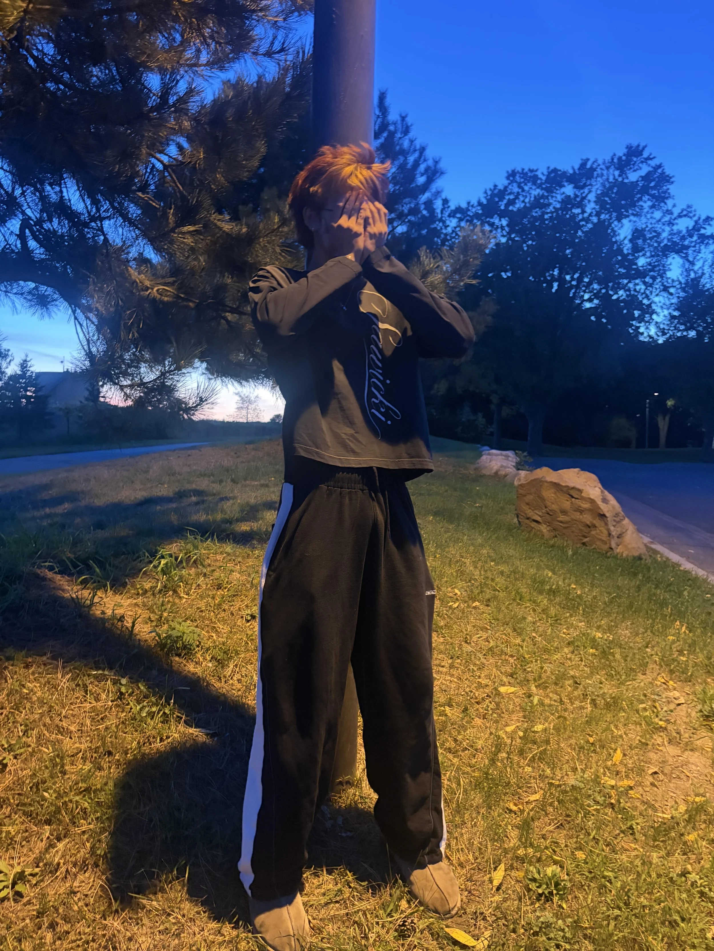 Person standing outdoors at dusk, covering their face with their hands, next to a tree and rocks.