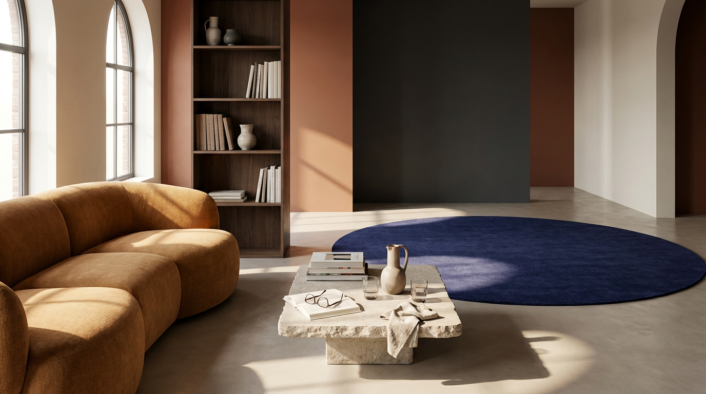 Modern living room with large arched windows, a mustard-colored sofa, a blue circular rug, a rustic stone coffee table with books, a jug, glasses, and glasses on it, and a wooden bookshelf with decorative items and books.
