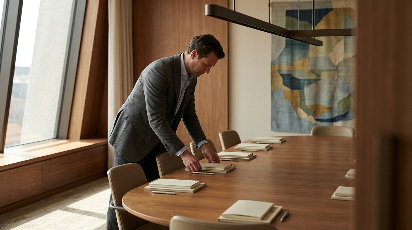 A man in a gray suit arranging notebooks on a conference table in a modern, well-lit room.
