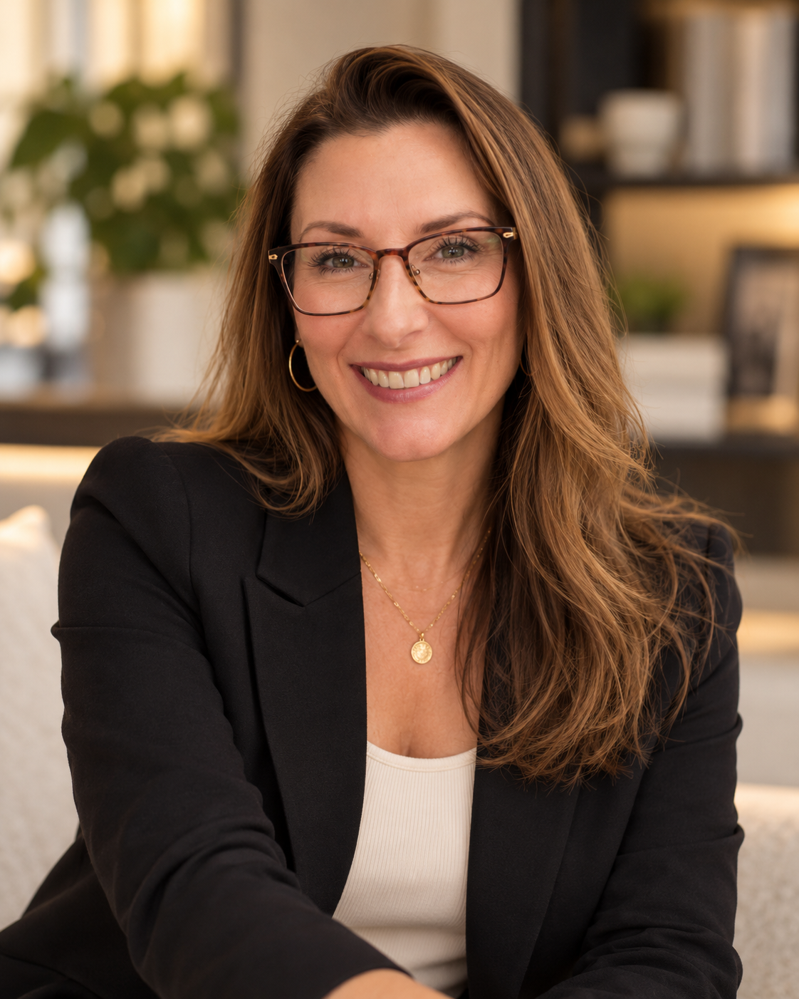 A smiling woman with glasses and wavy brown hair, wearing a black blazer and a white top, sitting in a cozy, well-lit indoor space with plants and shelves in the background.