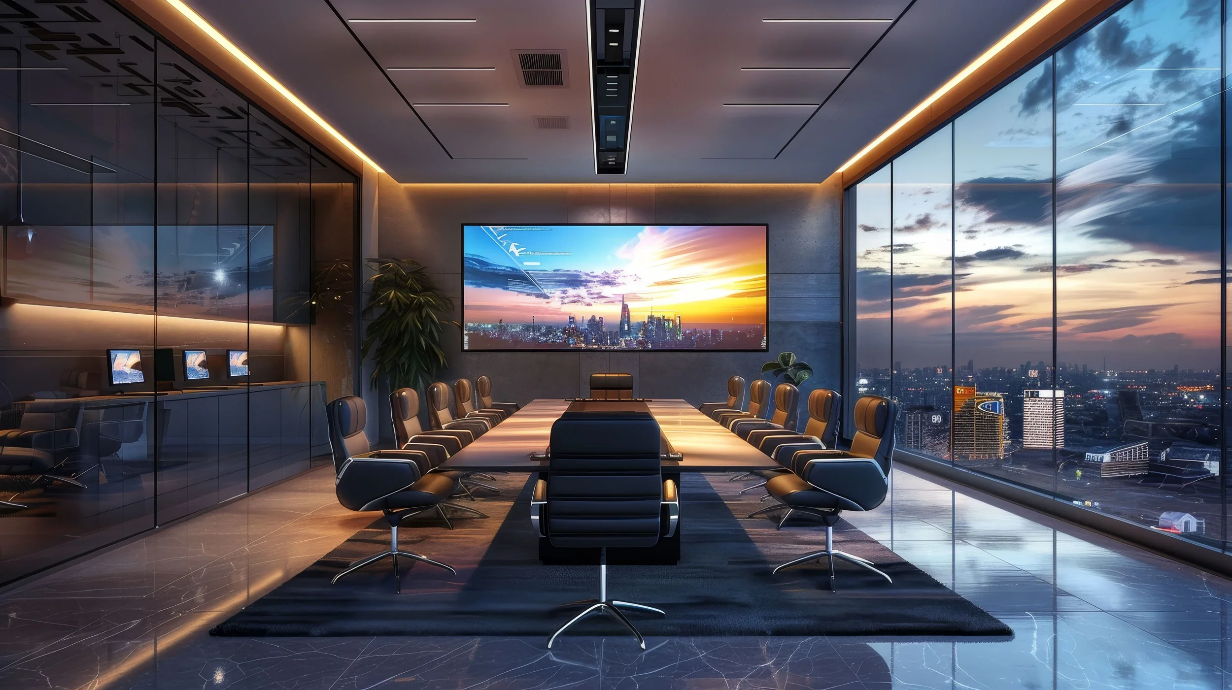 A modern conference room with floor-to-ceiling windows showing a city skyline at sunset. The room has a large rectangular table surrounded by black office chairs, a wall-mounted flat screen displaying a cityscape, and an interior decor with dark wood and glass elements.