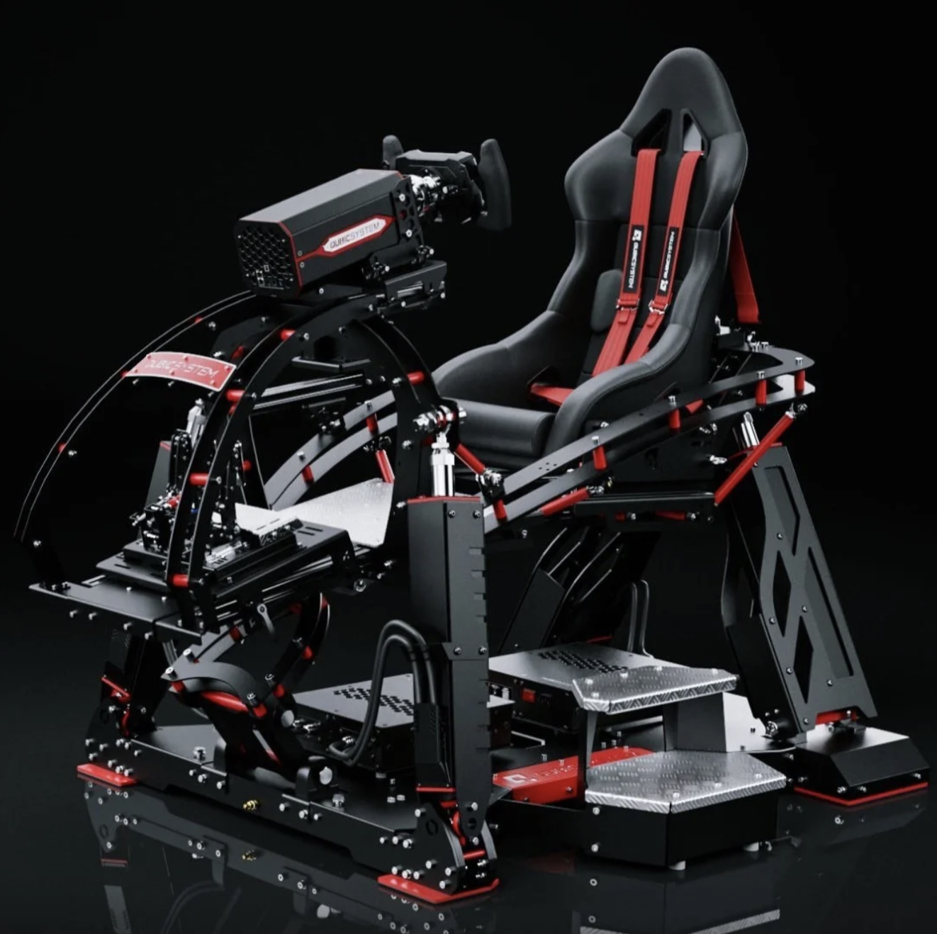A racing simulator cockpit with a racing seat, steering wheel, and detailed metal frame on a black background.