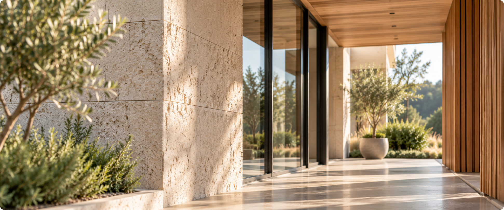 Modern building exterior with stone wall, large glass doors, wooden accents, and potted trees in a landscaped outdoor setting.