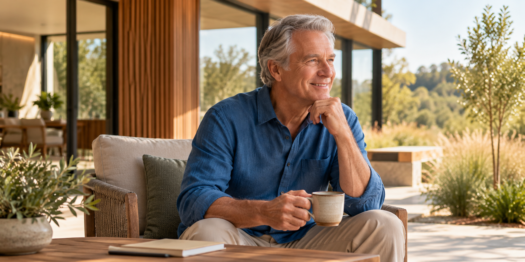An older man with gray hair smiling and holding a coffee mug while sitting on a porch with natural scenery in the background.