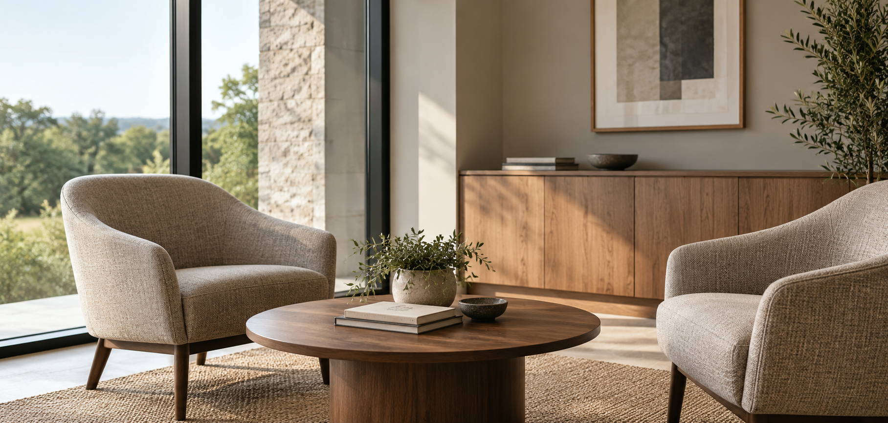 Living room with two beige upholstered armchairs facing each other around a round wooden coffee table with books and decorative bowls, large floor-to-ceiling windows showing a green outdoor landscape, and a wooden sideboard with artwork and plants inside.