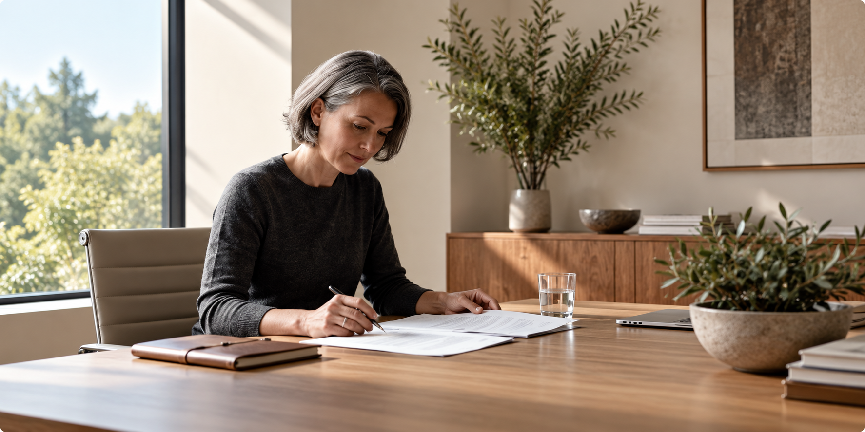 A woman sitting at a wooden table, studying documents with a pen, in a well-lit office space with large window, plants, and modern decor.