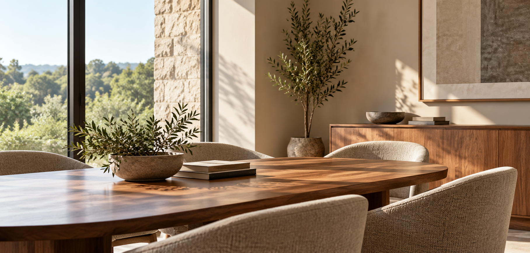 A modern dining room with a large wooden table, beige upholstered chairs, and decorative plants near a large window with an outdoor view.