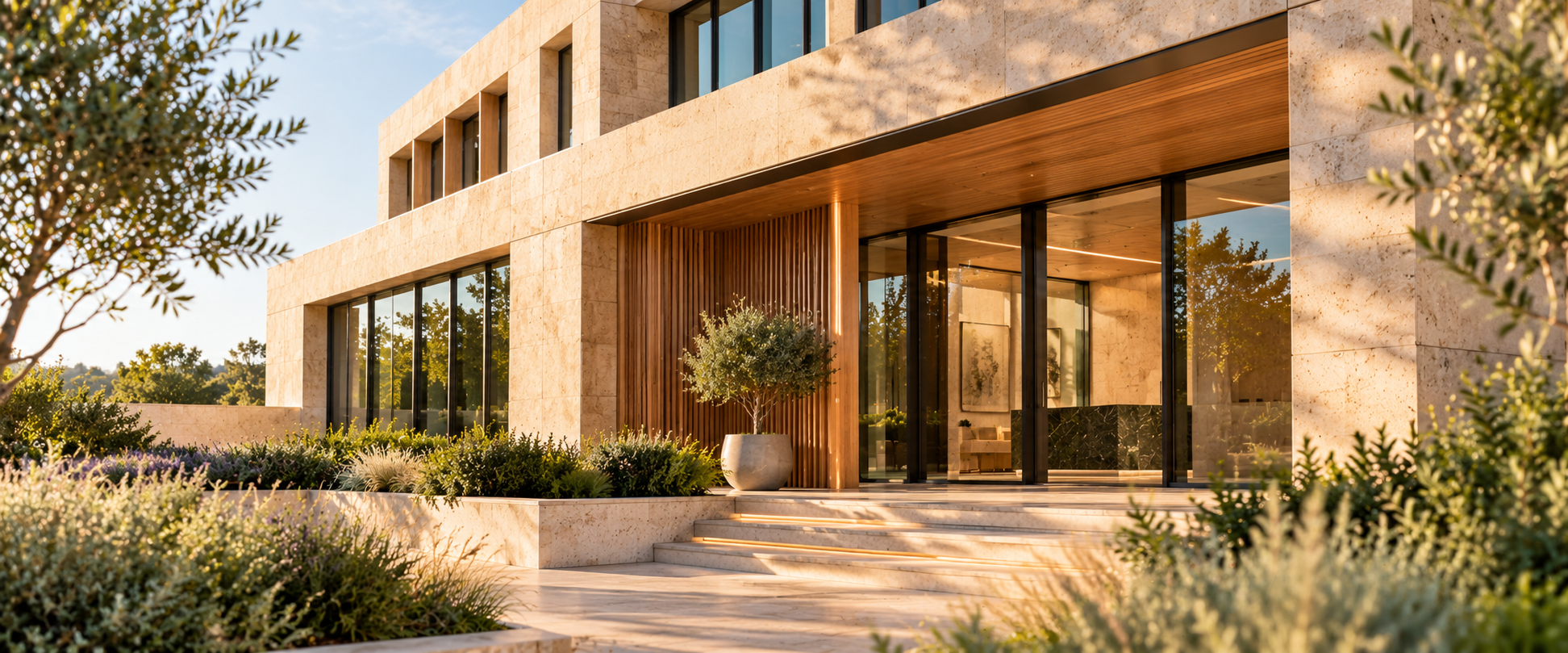 Modern building with large glass windows, stone exterior, and landscaped greenery in the foreground, during daylight.