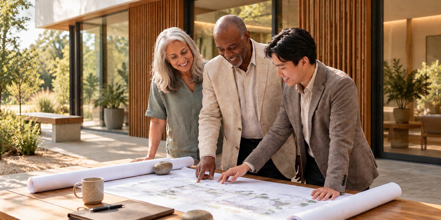 Group of three people standing around a table looking at architectural plans outside a modern building with wooden accents and large glass windows, with trees and plants in the background.