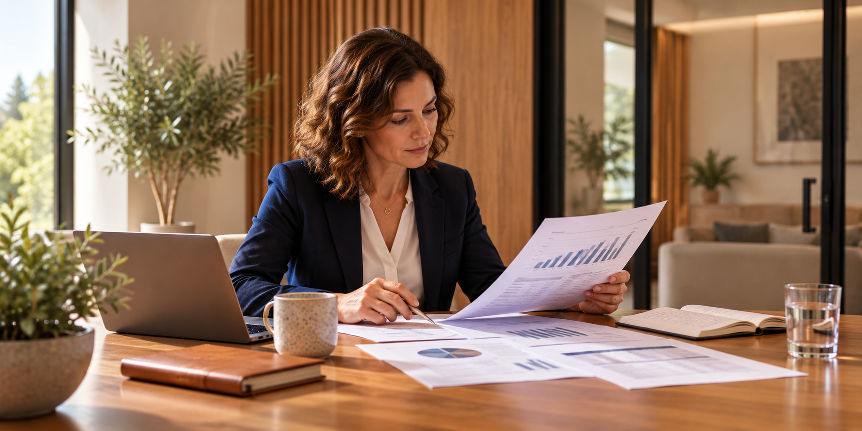 Businesswoman sitting at a wooden desk reviewing financial charts and graphs, with a laptop, mug, glasses of water, and books in a modern office with large windows and green plants.