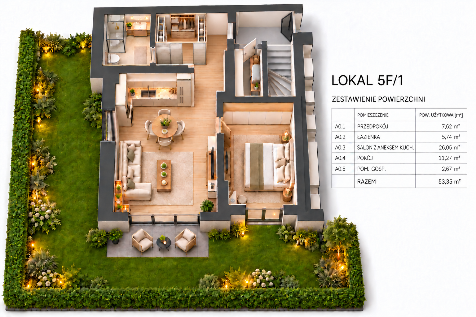 3D floor plan of an apartment showing living room, bedroom, bathroom, kitchen, outdoor patio, and garden area with greenery and outdoor furniture.