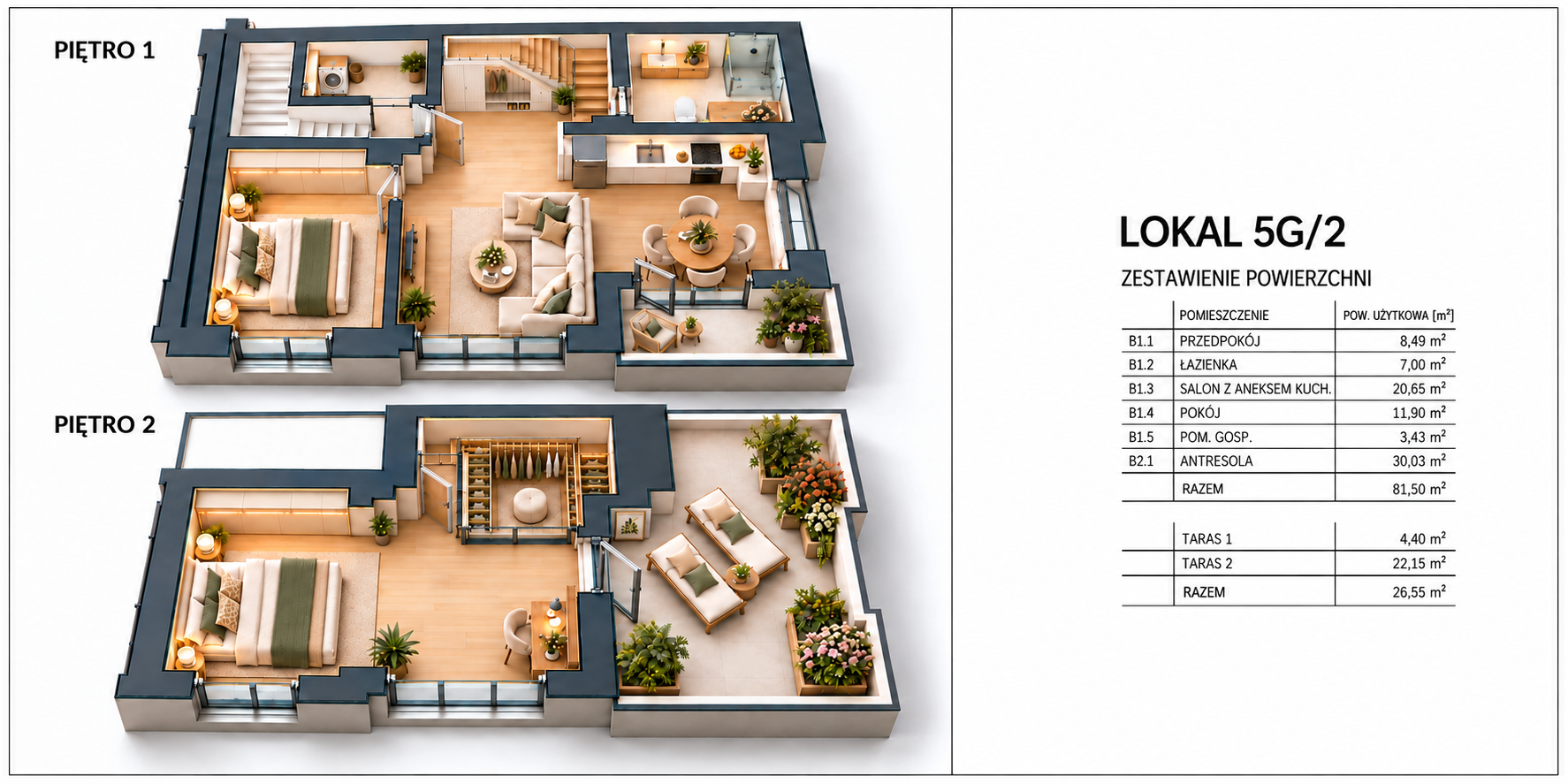 3D floor plan of a two-story apartment with furniture, plants, and balconies. The first floor includes a bedroom, bathroom, living room with kitchen, and utility room. The second floor features a bedroom and a terrace with outdoor seating and plants.