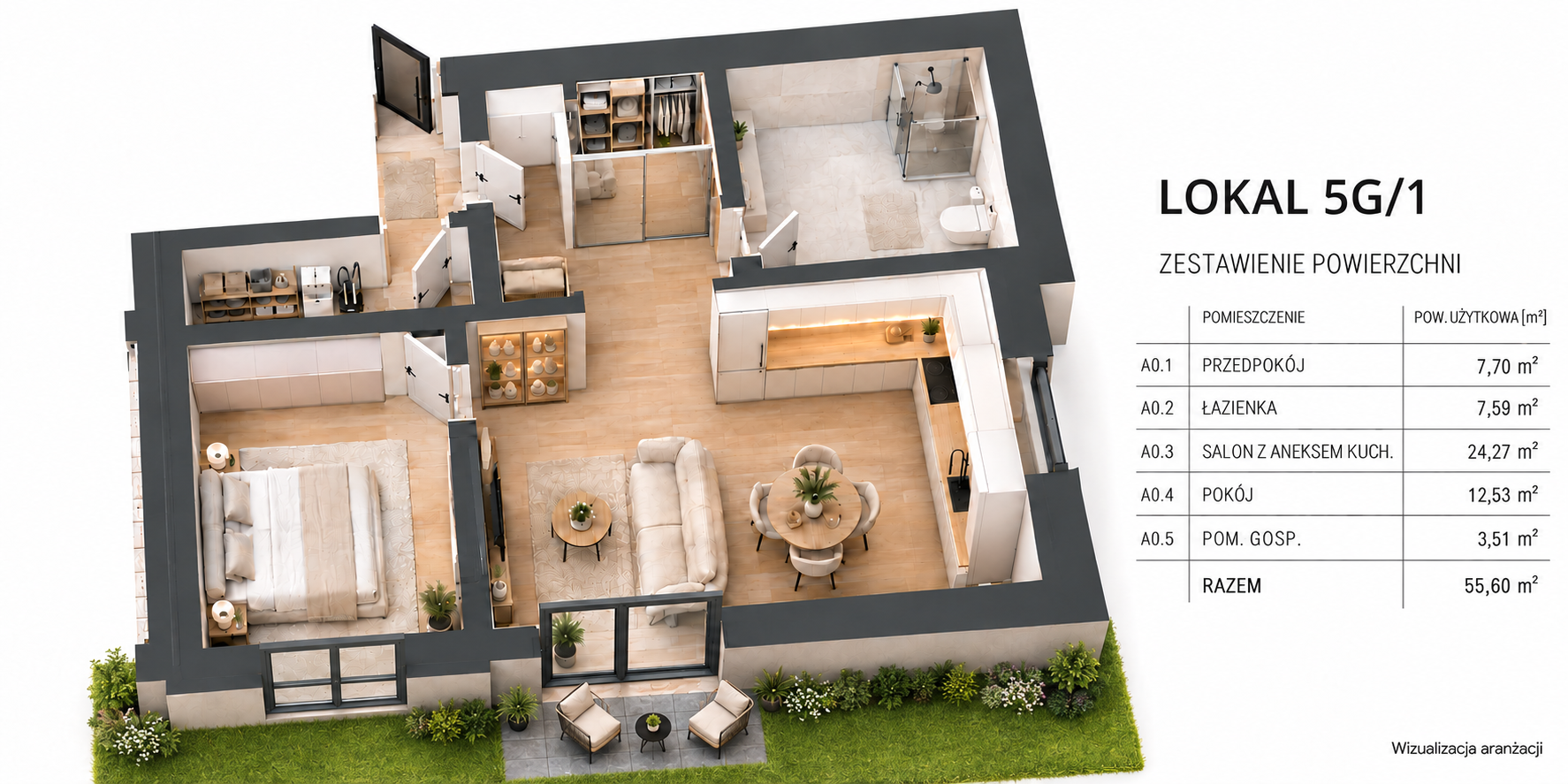 3D floor plan of a one-bedroom apartment with a living room, kitchen, bathroom, bedroom, and small balcony with outdoor furniture. Description of room sizes listed on the right in Polish.