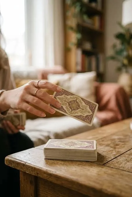 Una persona baraja una pila de cartas encima de una mesa de madera en un ambiente hogareño.