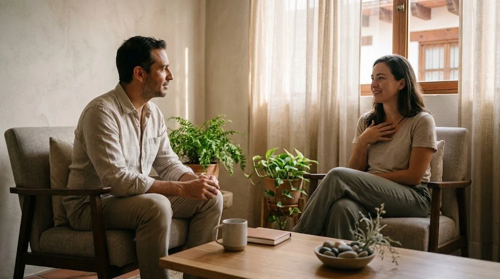 Una mujer y un hombre sentados en sillones conversando en una sala con plantas y luz natural.