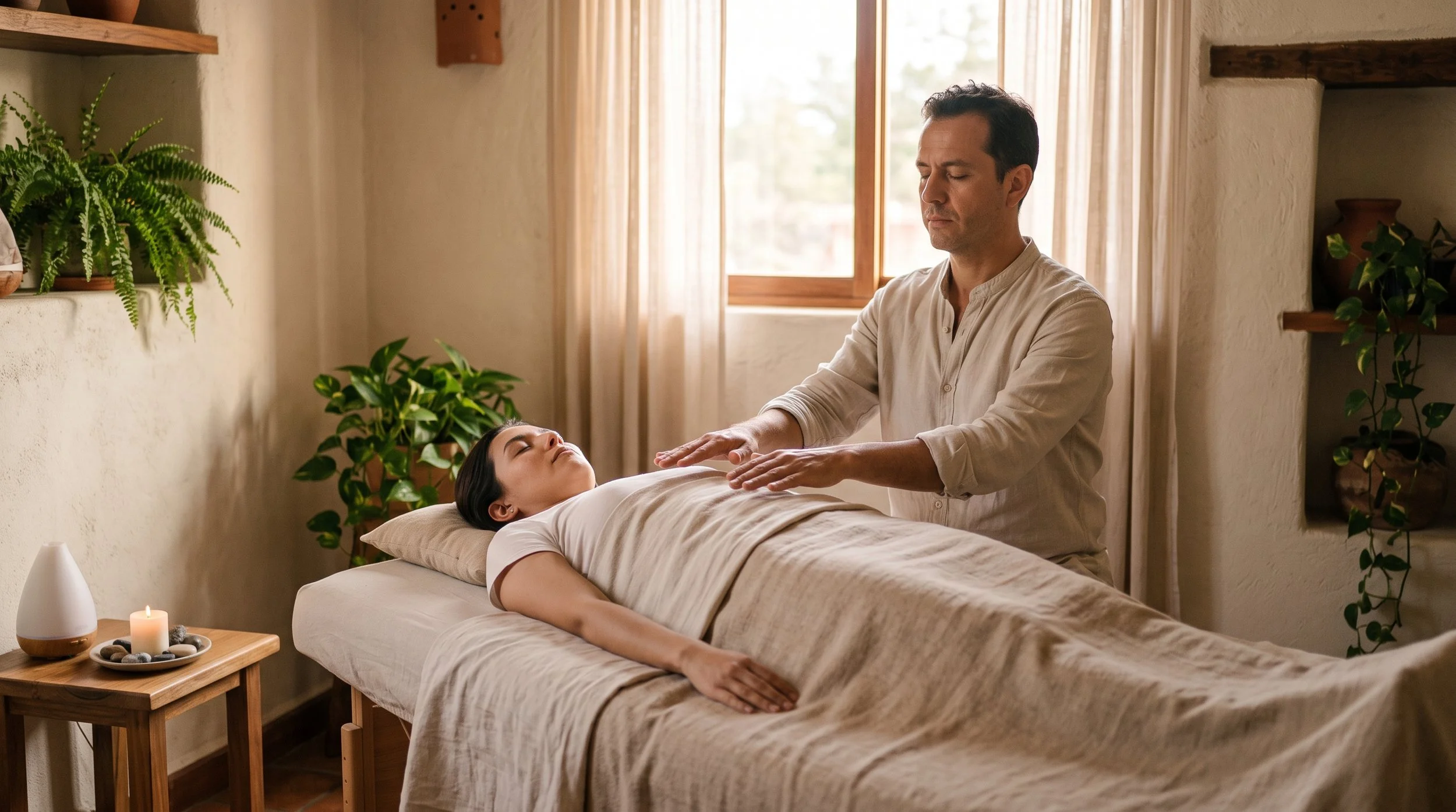 Hombre realizando terapia de relajación o reiki a una mujer que está acostada en una camilla en un ambiente tranquilo y natural con plantas y velas