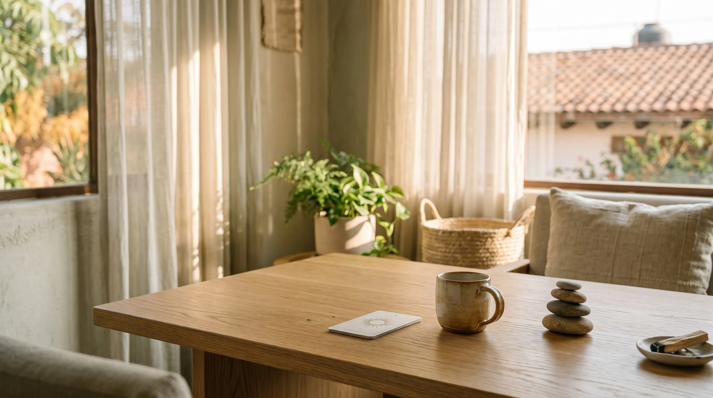 Sala con ventana grande, cortinas blancas, planta en una maceta, mesa de madera, taza, piedras decorativas, libro y muro con ventanas pequeñas.
