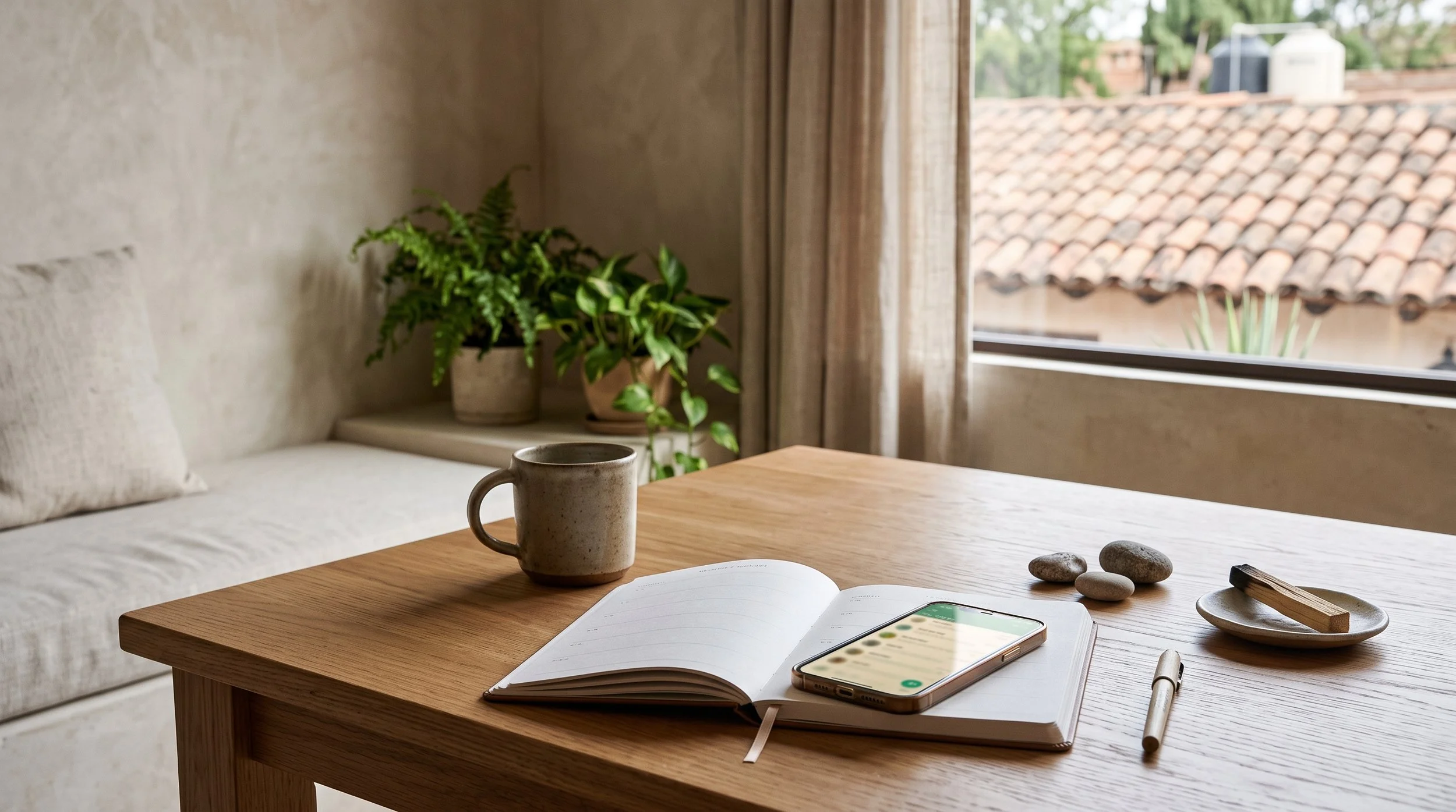 Mesa de madera en una habitación con vista a la calle, con una taza, un libro abierto, un teléfono inteligente, piedras y un bolígrafo. Fondo con plantas y ventanas.